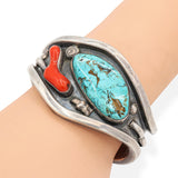 Vintage Phil T. Navajo Sterling Silver Turquoise and Coral Cuff Bracelet