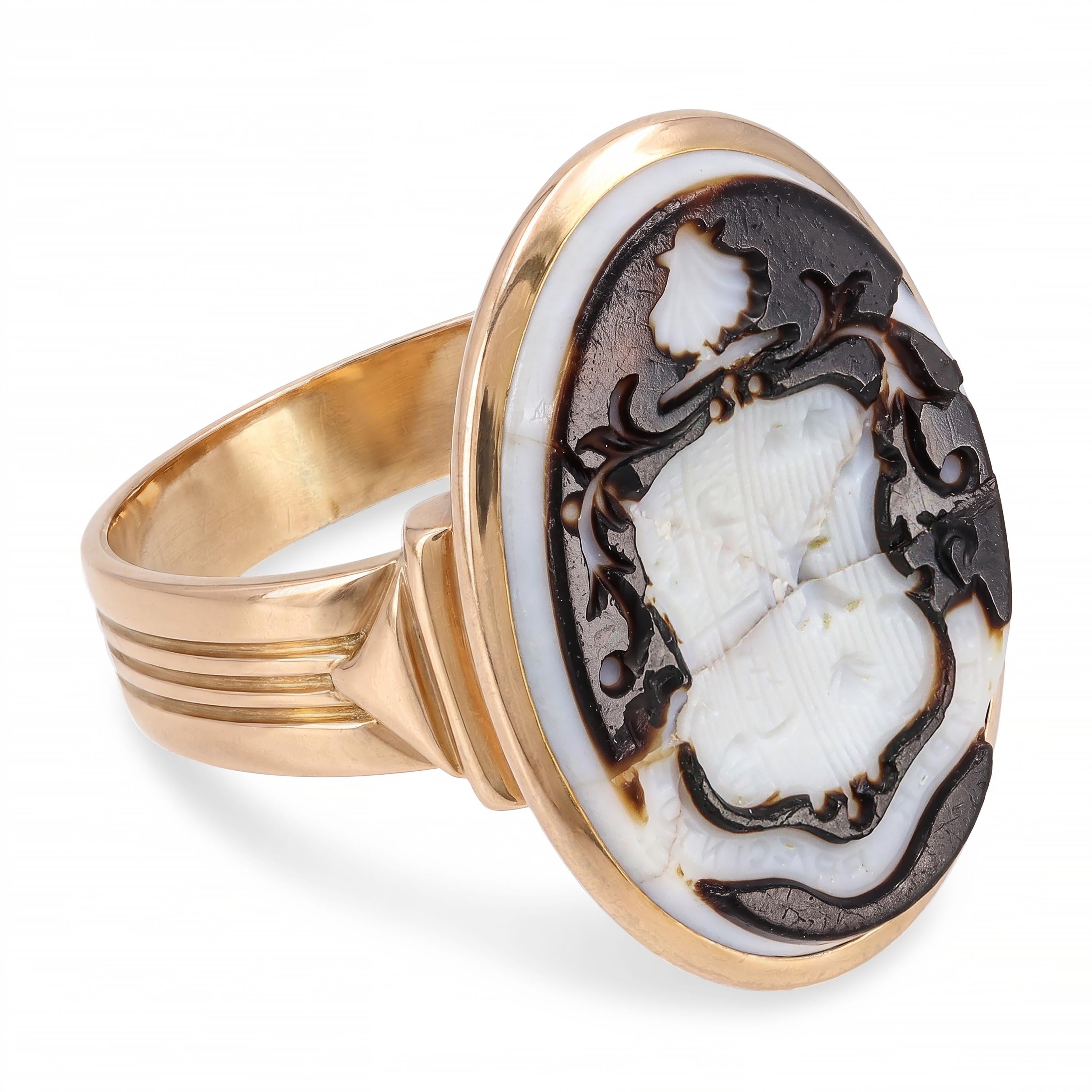 Antique 10k Rose Gold Sardonyx Intaglio Mulholland Coat of Arms Ring