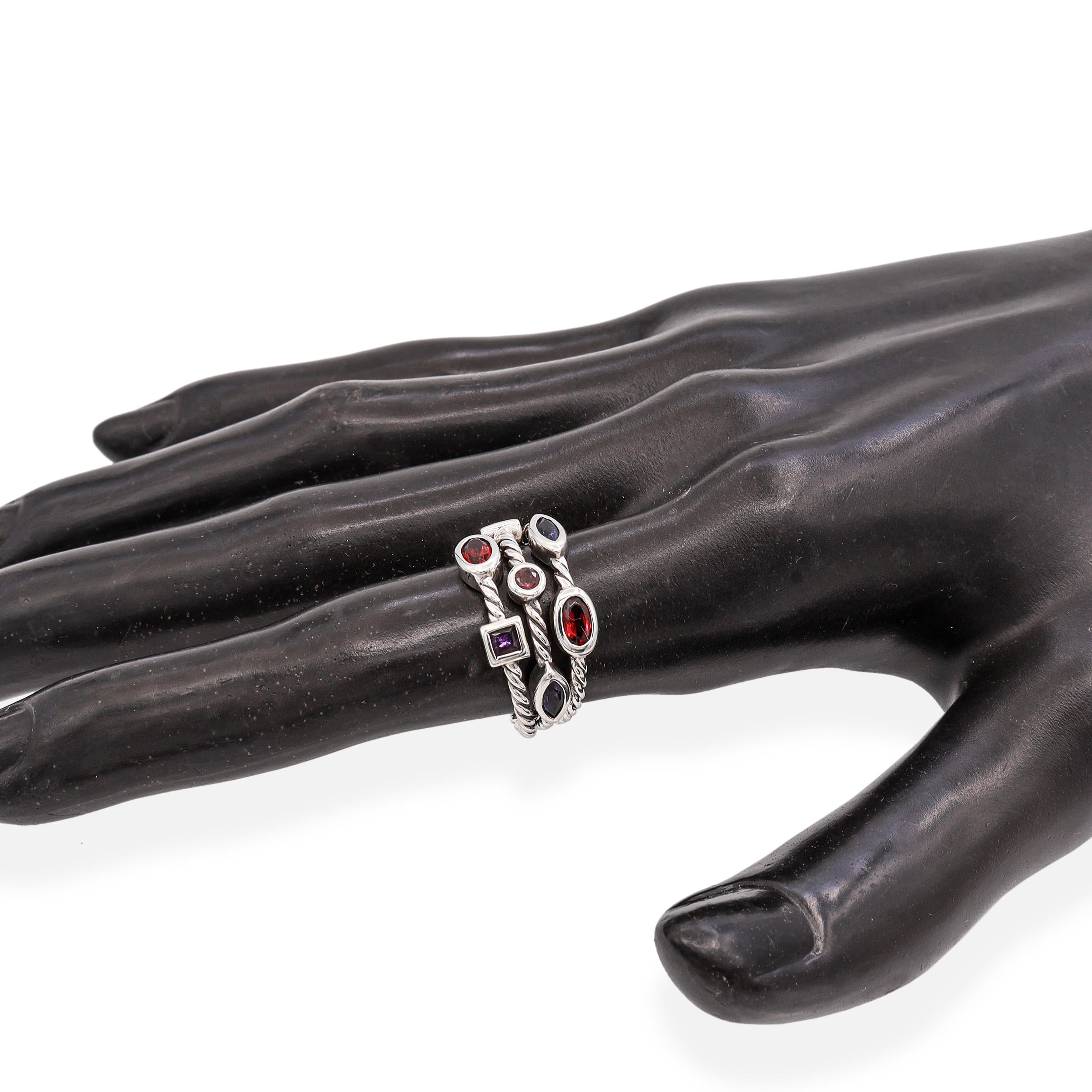 David Yurman Sterling Silver Multi-Stone Berry Confetti 3 Row Cocktail Ring