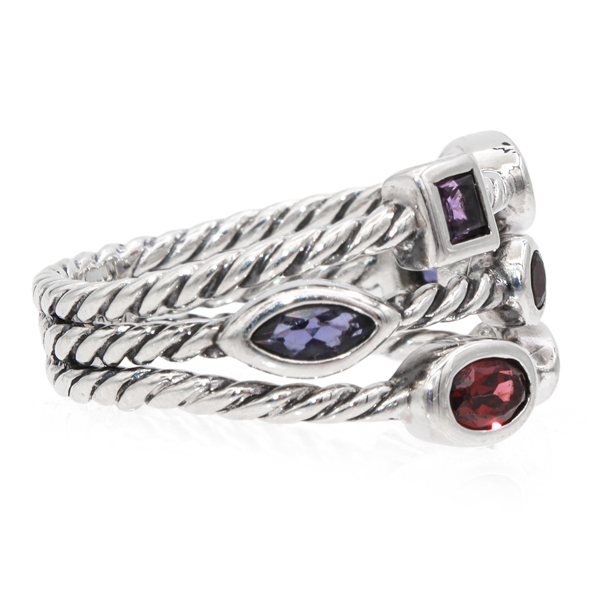 David Yurman Sterling Silver Multi-Stone Berry Confetti 3 Row Cocktail Ring