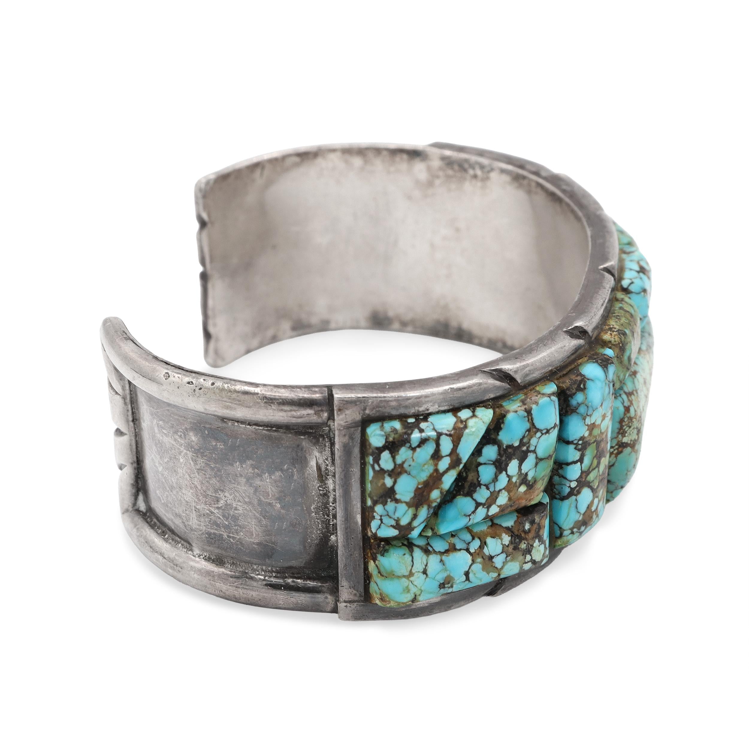 Vintage Navajo S M Sterling Silver Cobblestone Turquoise Cuff Bracelet