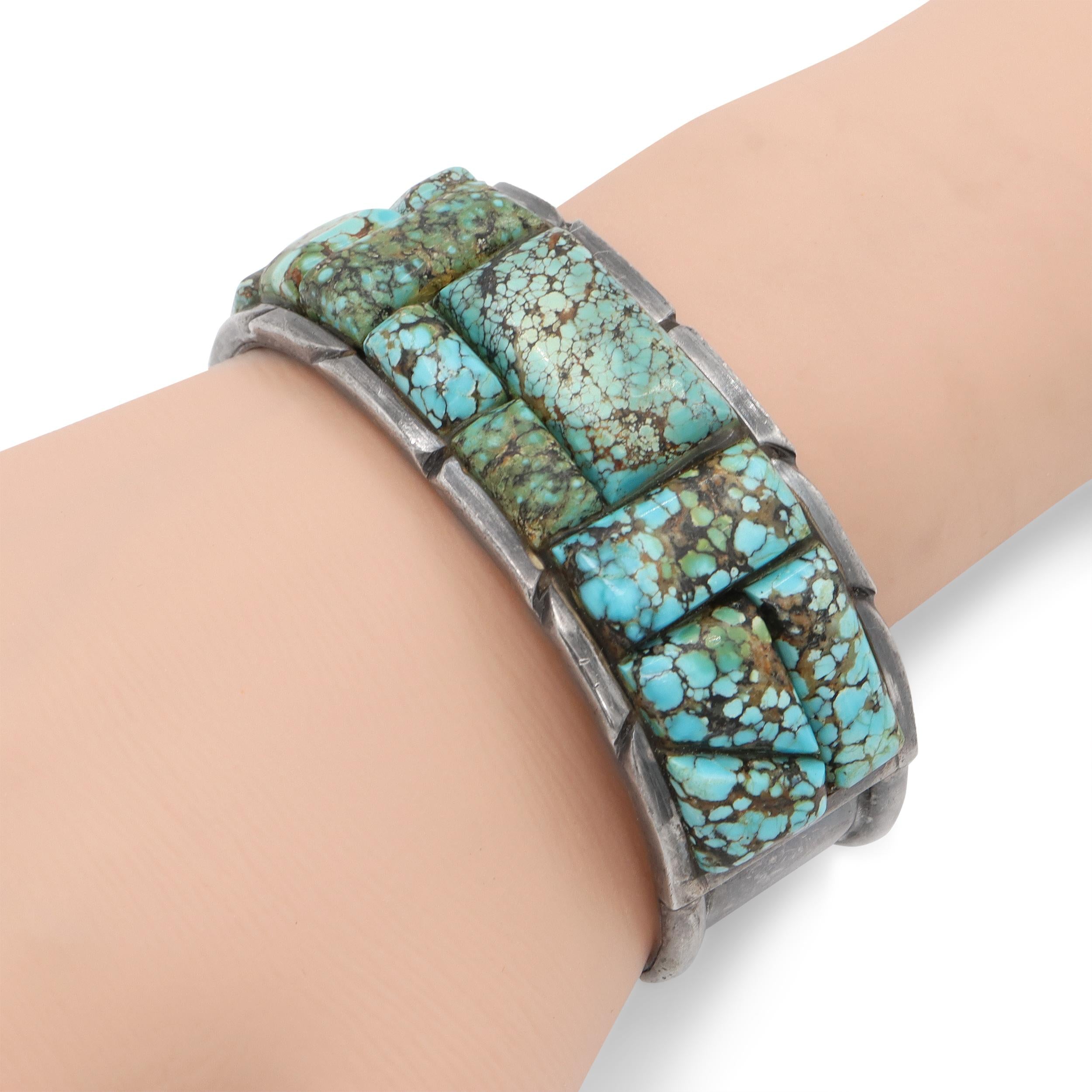Vintage Navajo S M Sterling Silver Cobblestone Turquoise Cuff Bracelet