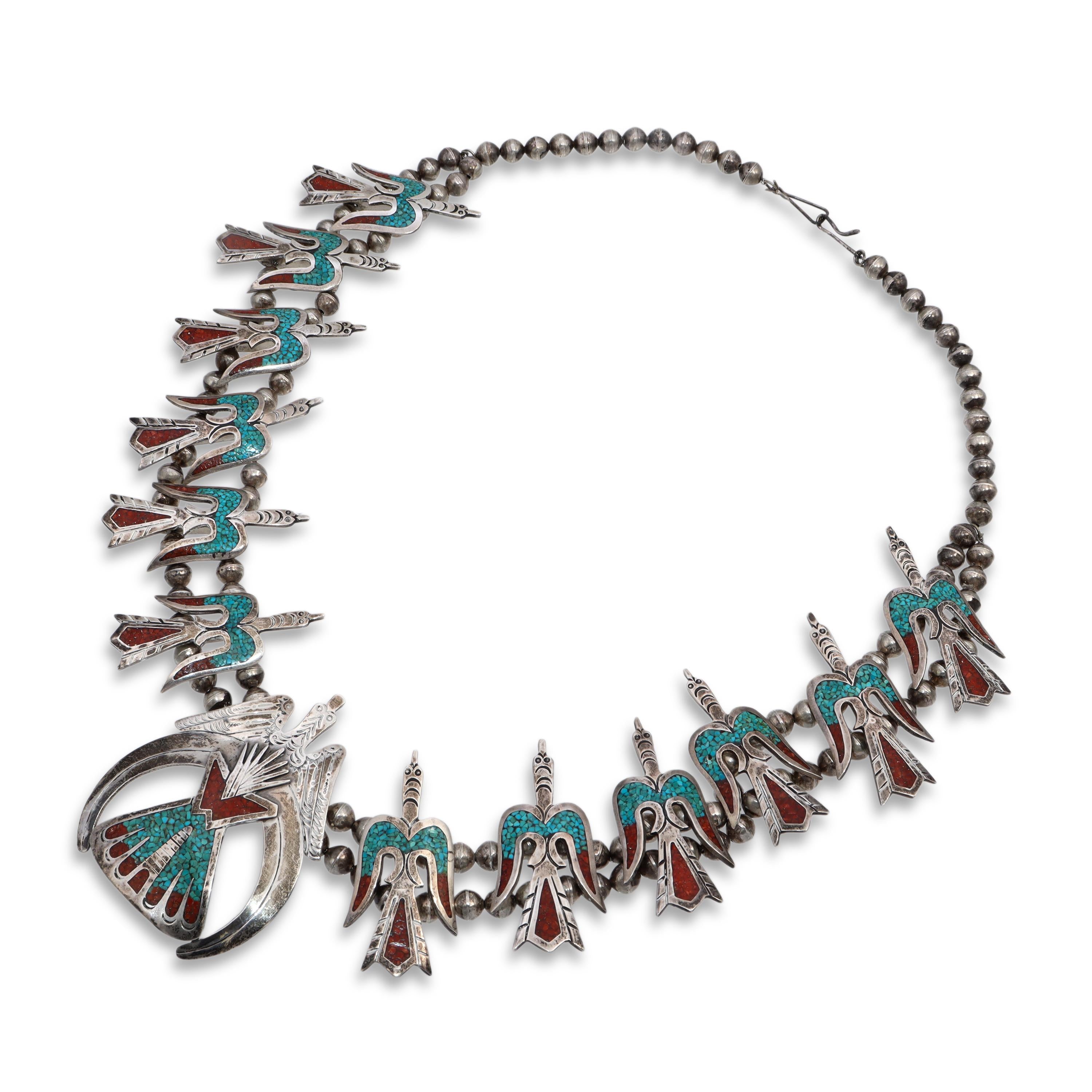 Vintage Navajo Peyote Bird Sterling Silver Squash Blossom Necklace