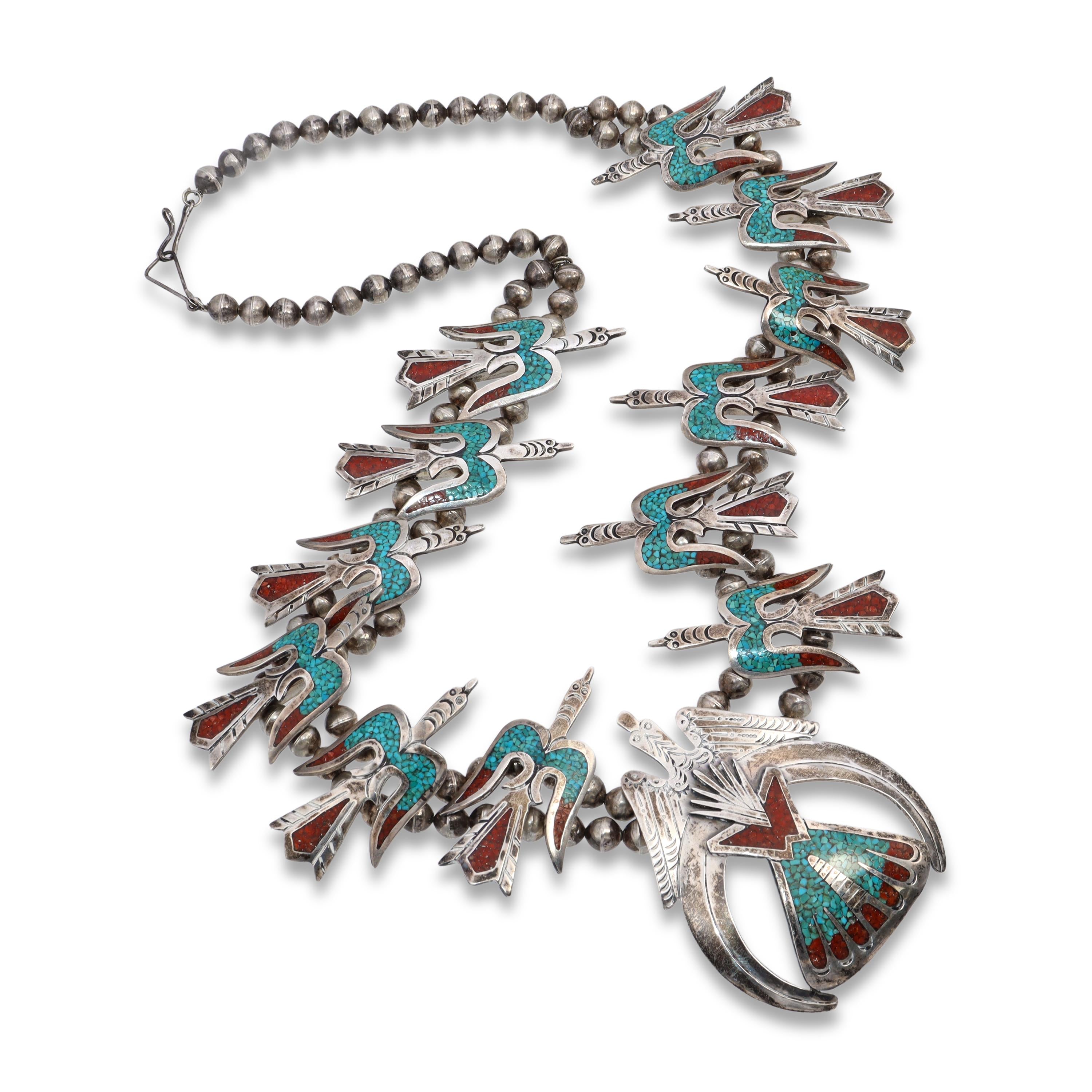 Vintage Navajo Peyote Bird Sterling Silver Squash Blossom Necklace
