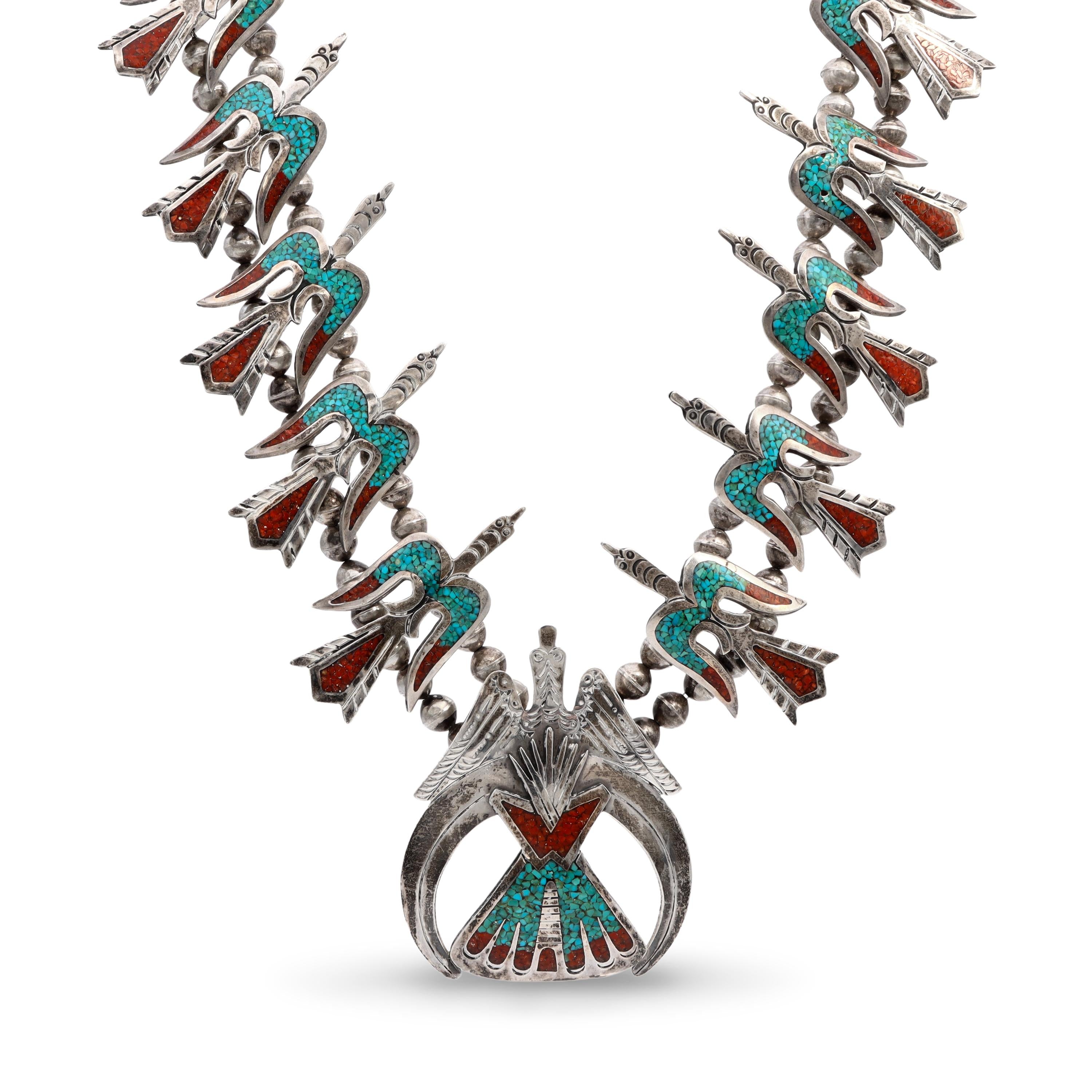 Vintage Navajo Peyote Bird Sterling Silver Squash Blossom Necklace