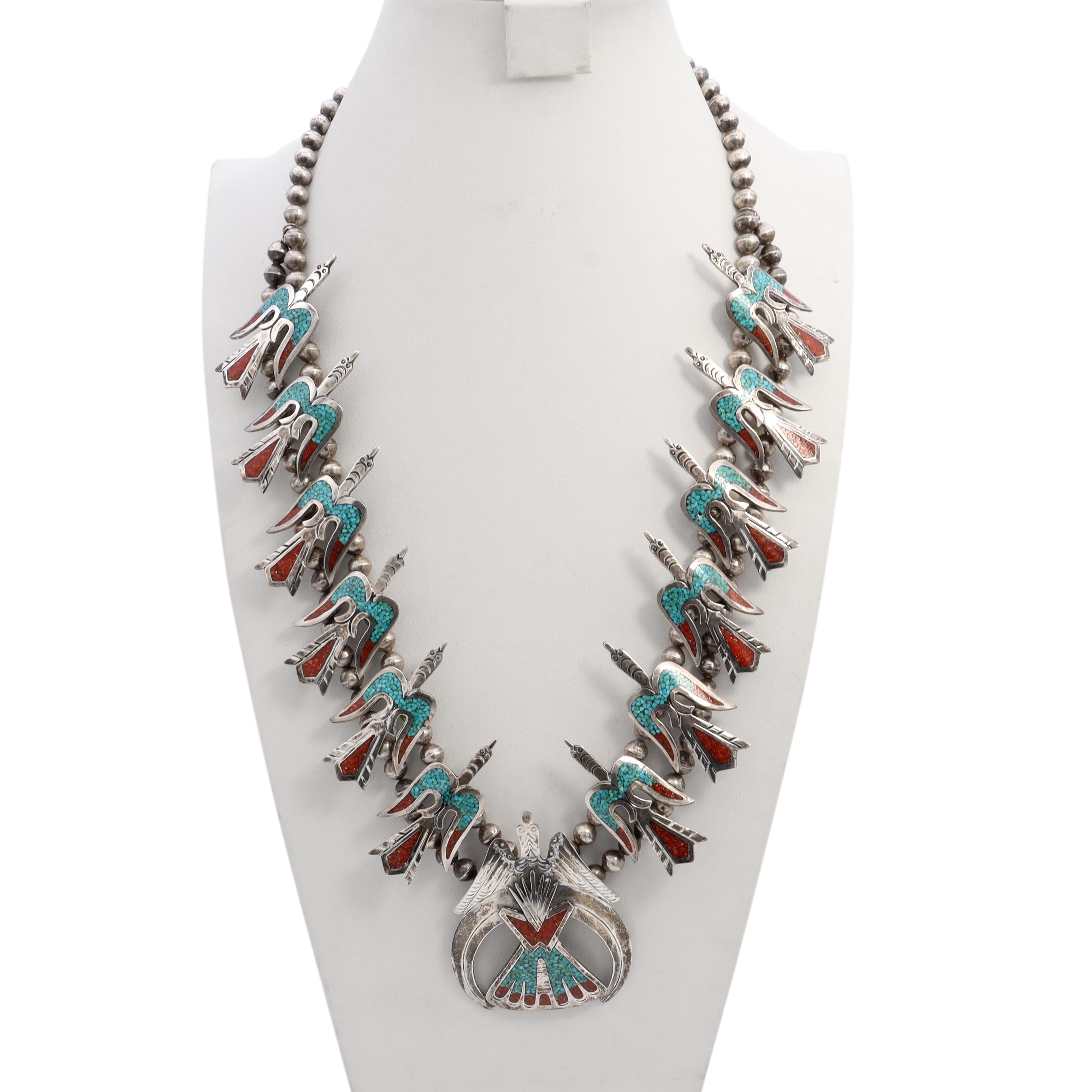 Vintage Navajo Peyote Bird Sterling Silver Squash Blossom Necklace