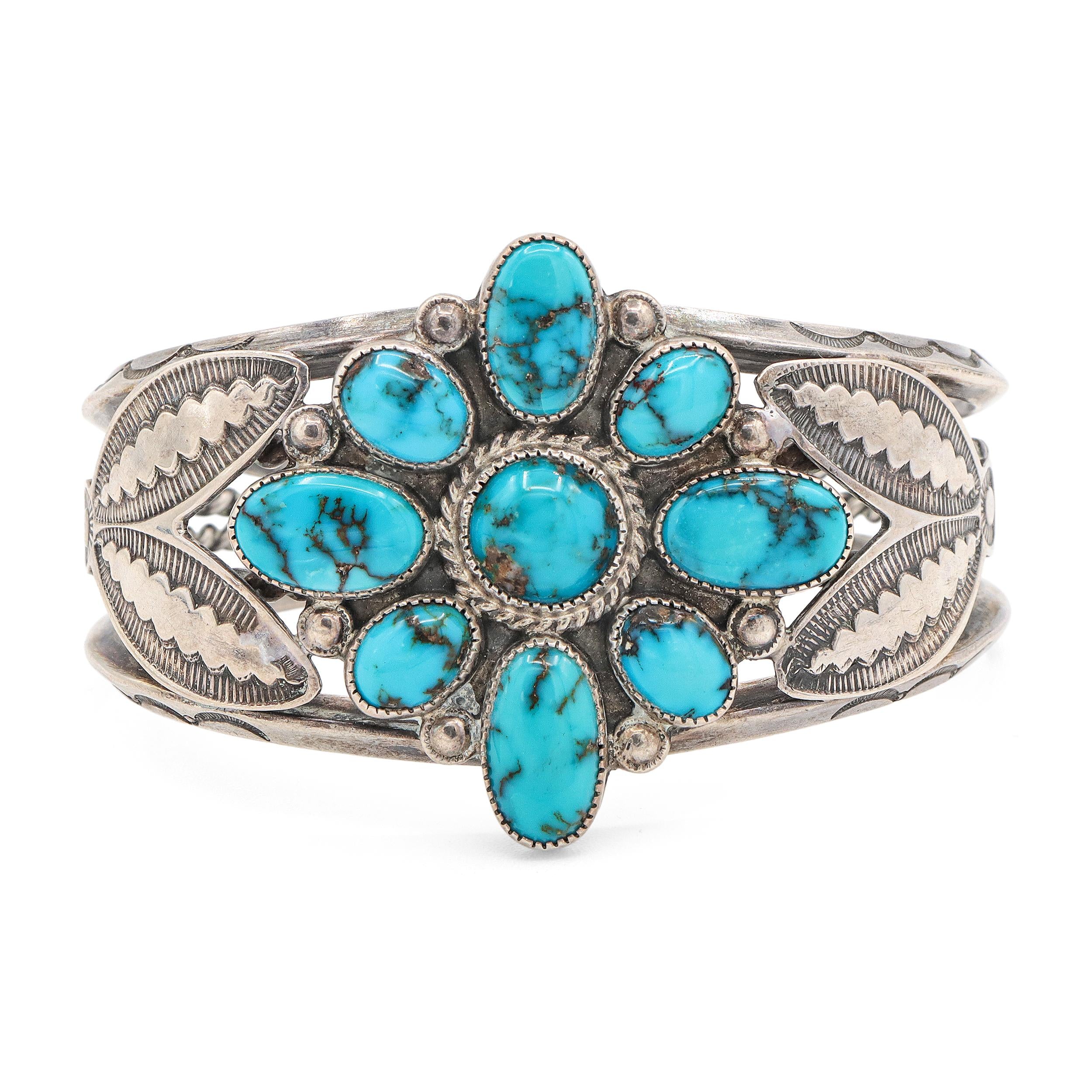 Vintage Navajo Sterling Silver Turquoise Cluster Cuff Bracelet