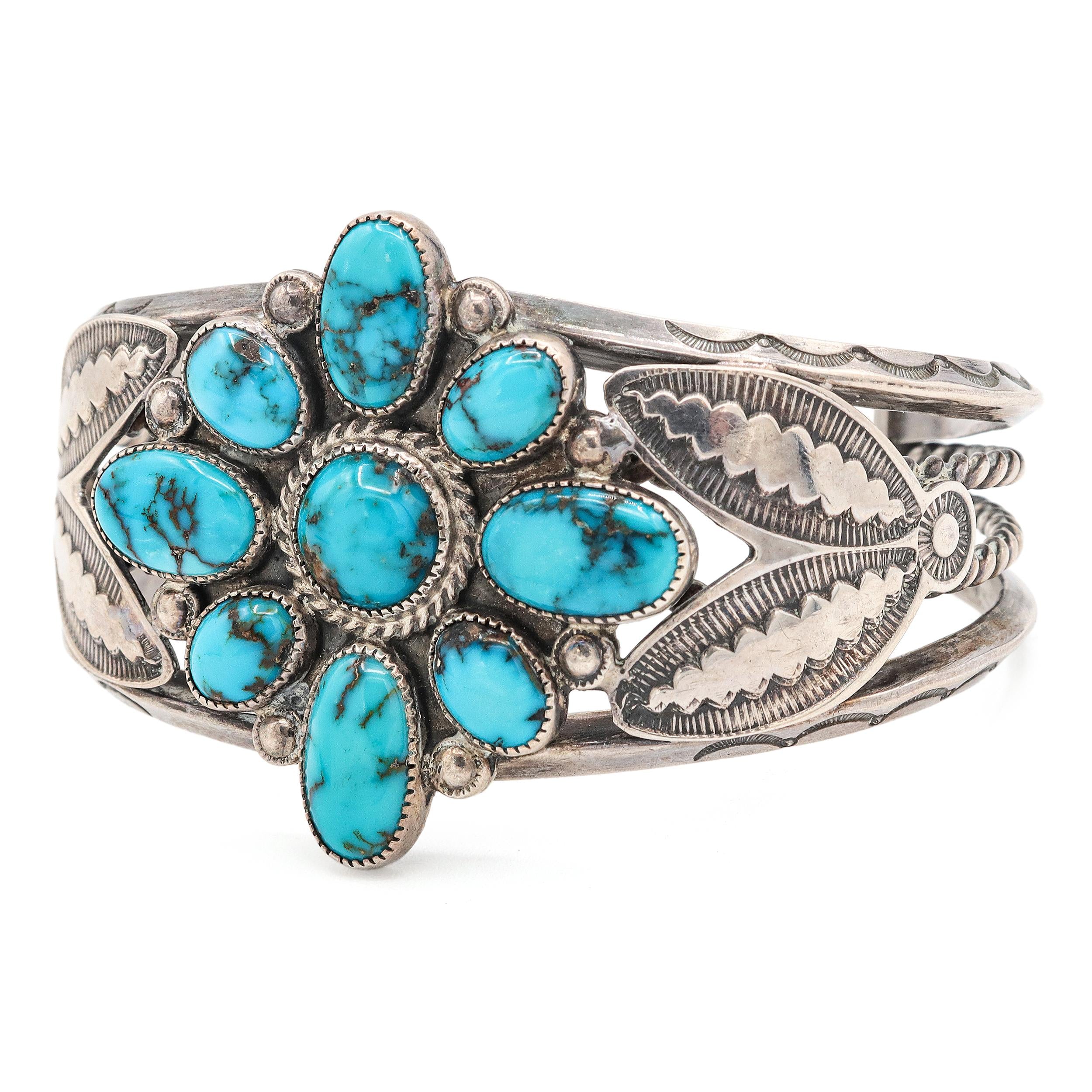 Vintage Navajo Sterling Silver Turquoise Cluster Cuff Bracelet