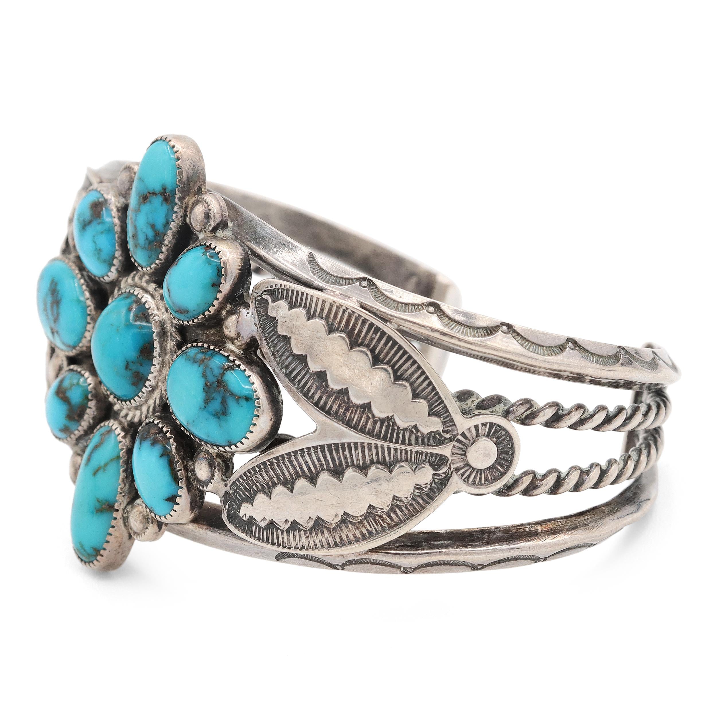 Vintage Navajo Sterling Silver Turquoise Cluster Cuff Bracelet