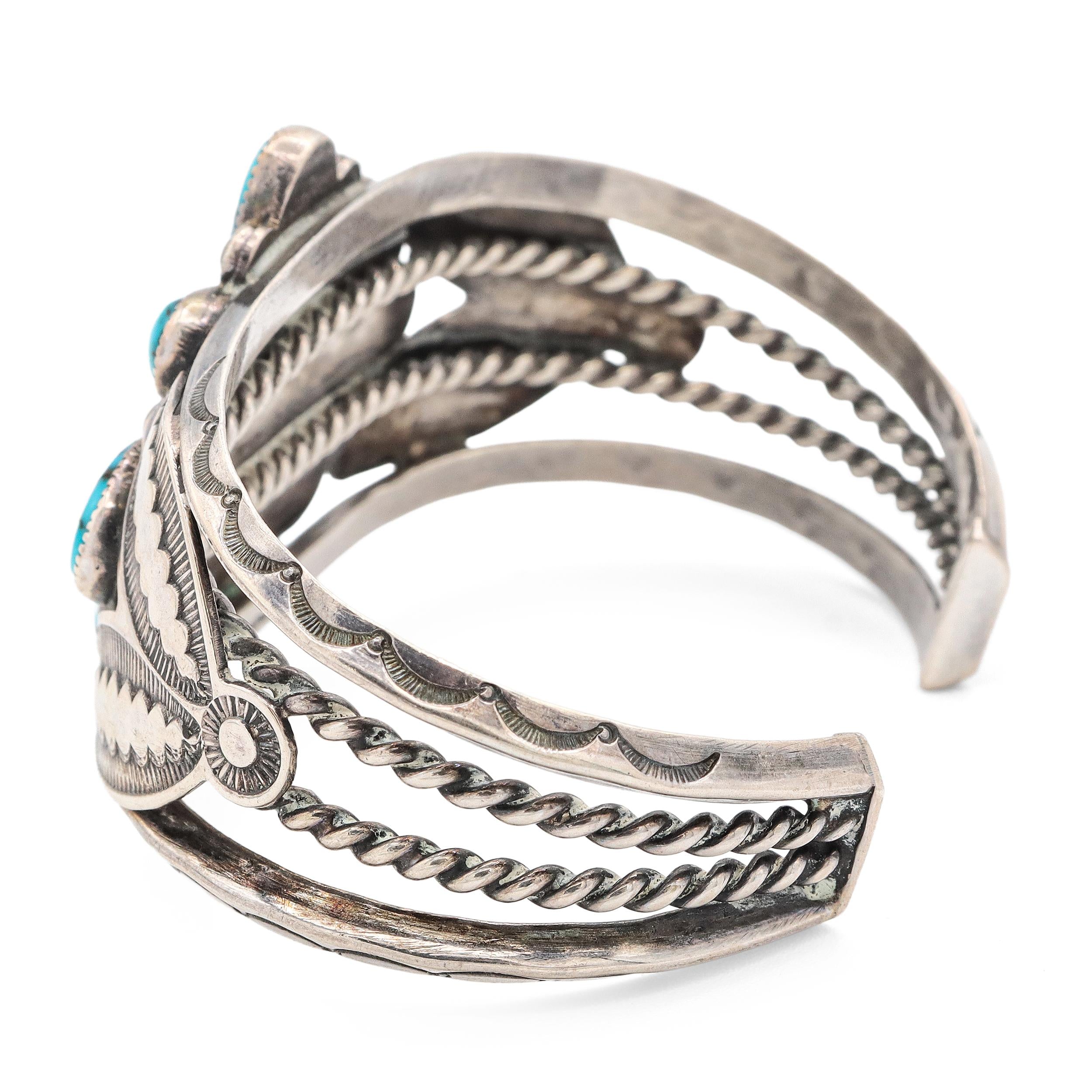 Vintage Navajo Sterling Silver Turquoise Cluster Cuff Bracelet