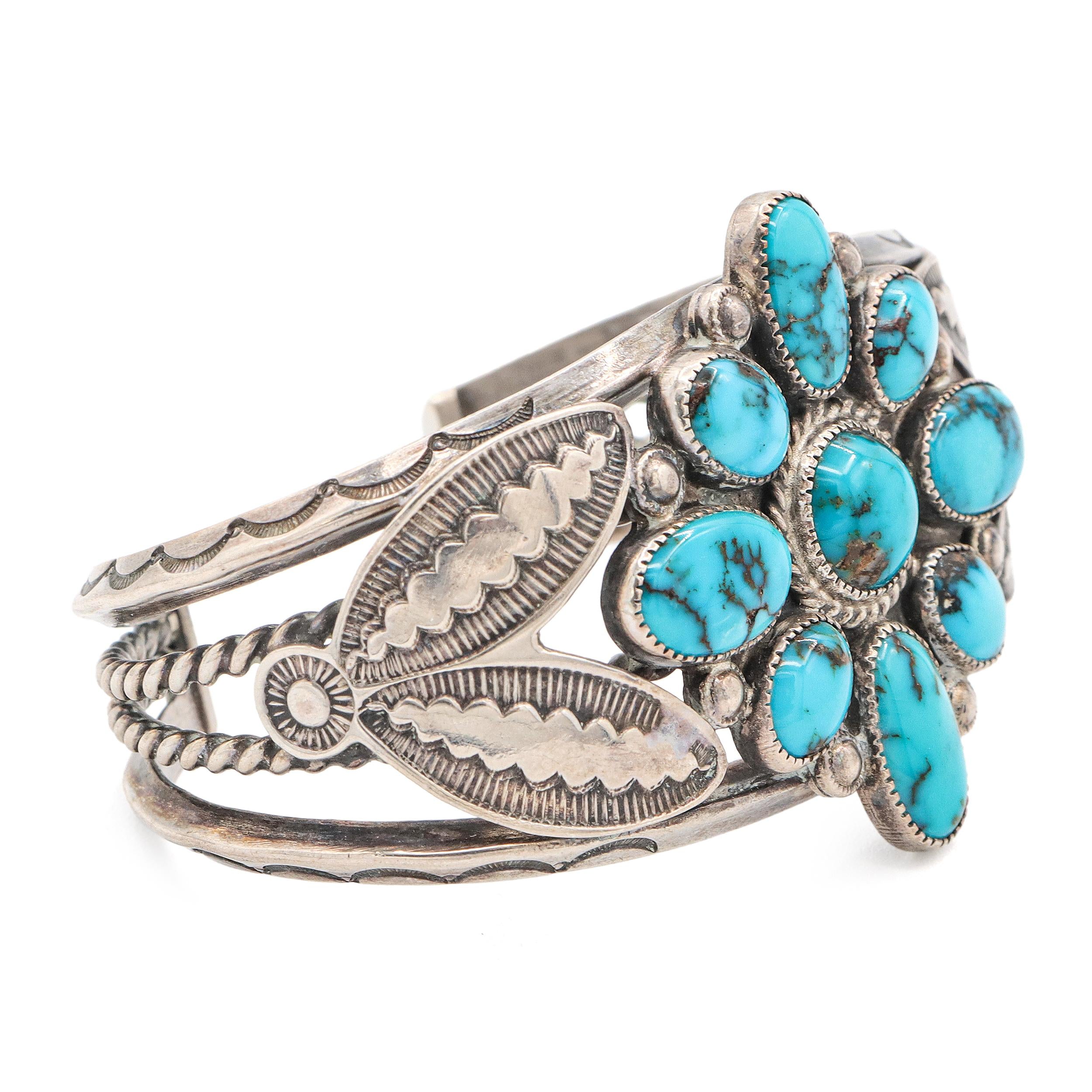 Vintage Navajo Sterling Silver Turquoise Cluster Cuff Bracelet