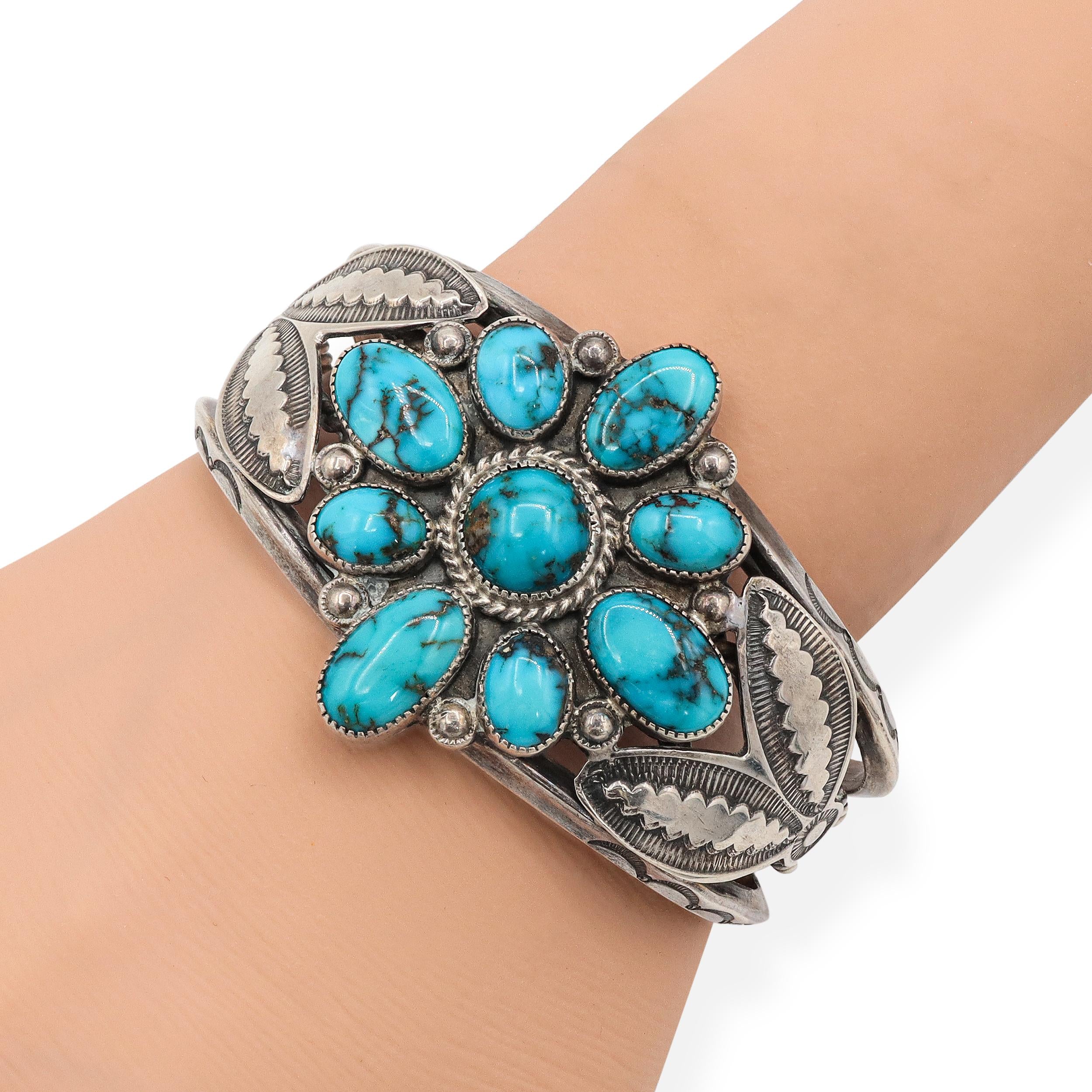 Vintage Navajo Sterling Silver Turquoise Cluster Cuff Bracelet