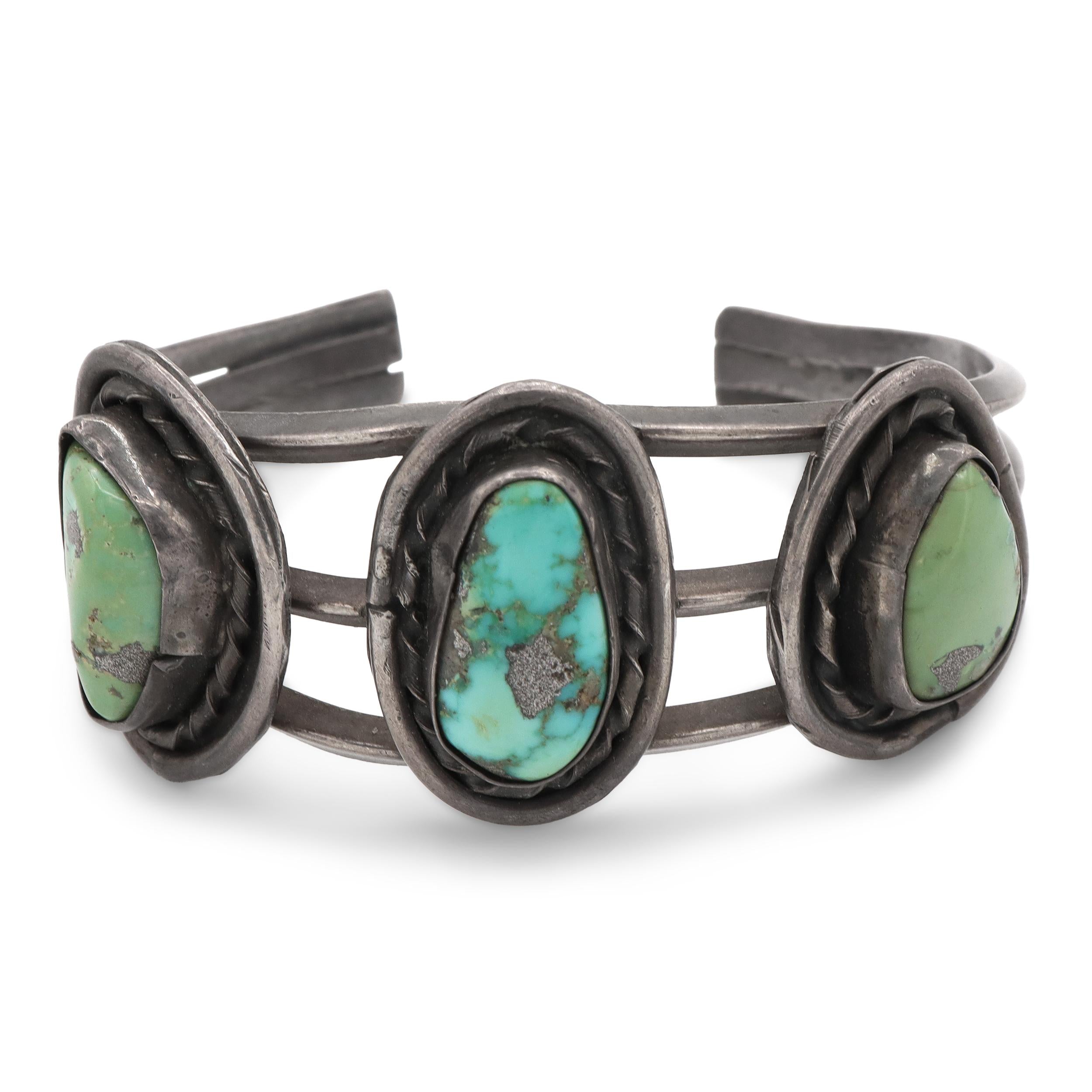 Southwestern Sterling Silver Turquoise Three-Stone Cuff Bracelet