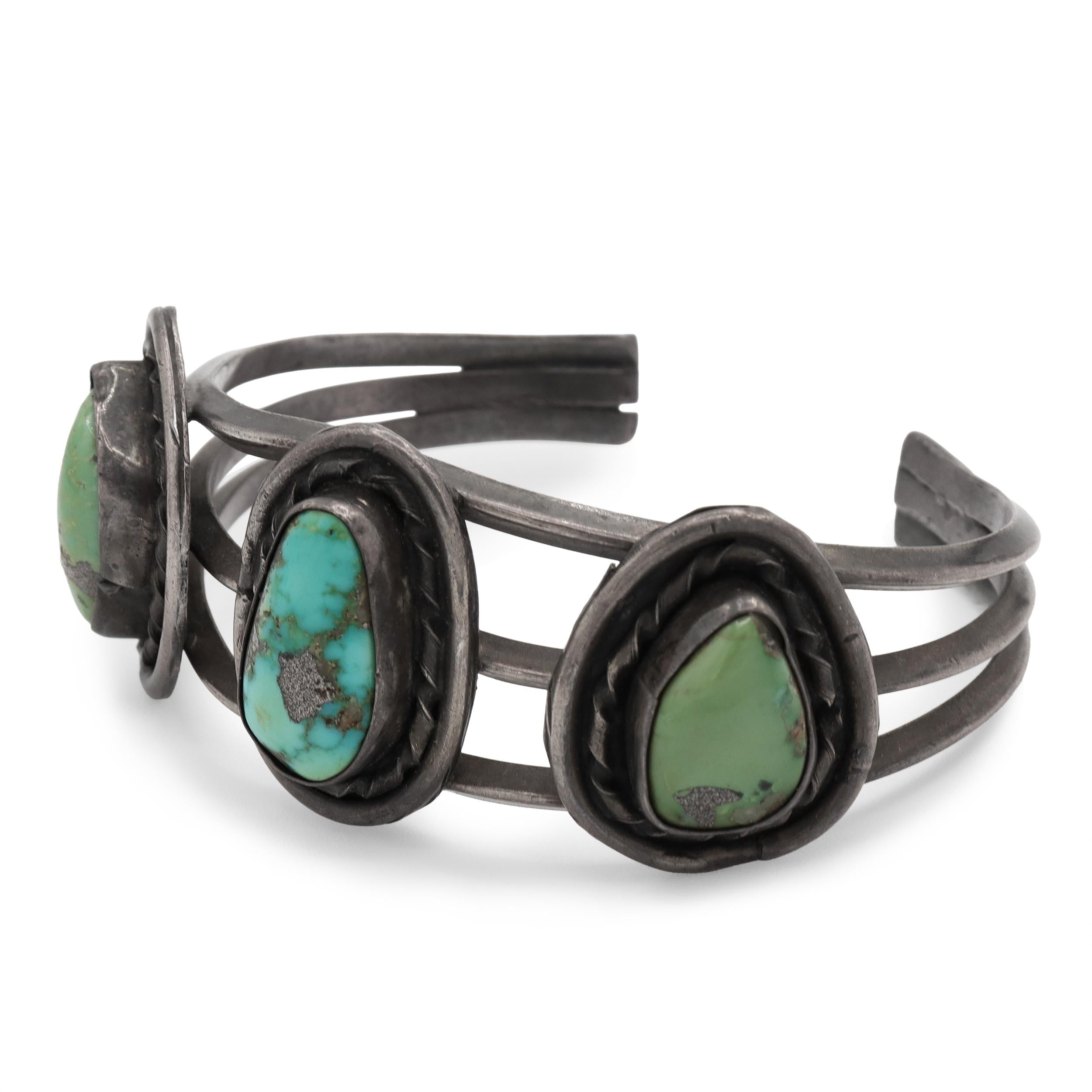 Southwestern Sterling Silver Turquoise Three-Stone Cuff Bracelet