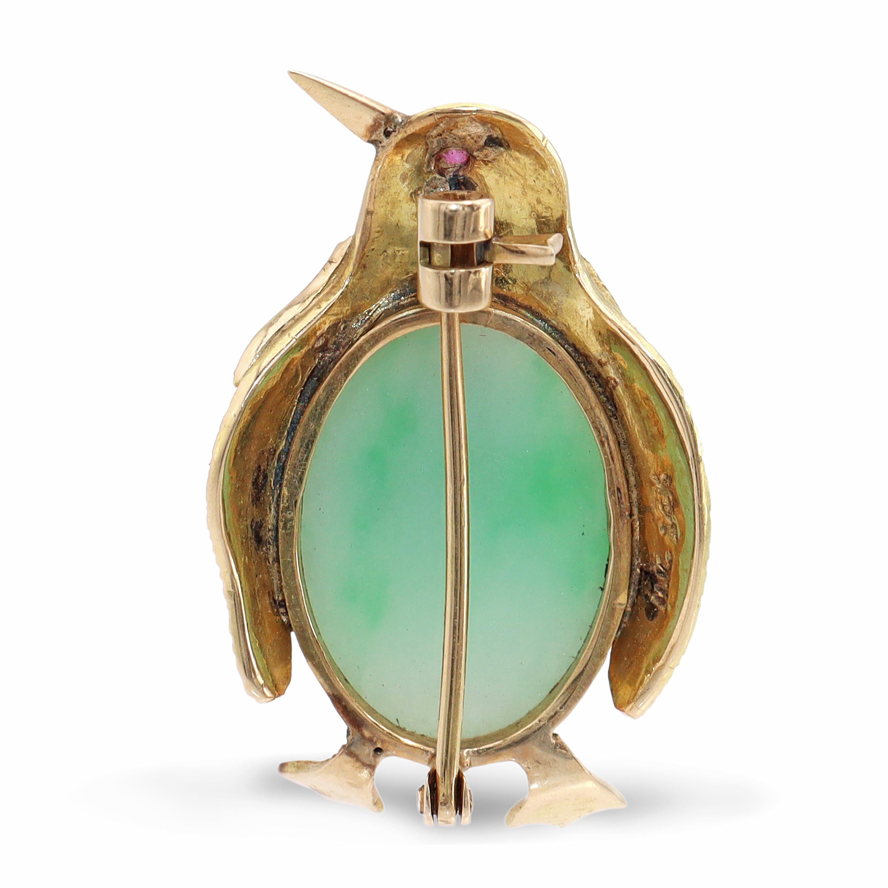 14k Yellow Gold Jade & Ruby Penguin Brooch Pin