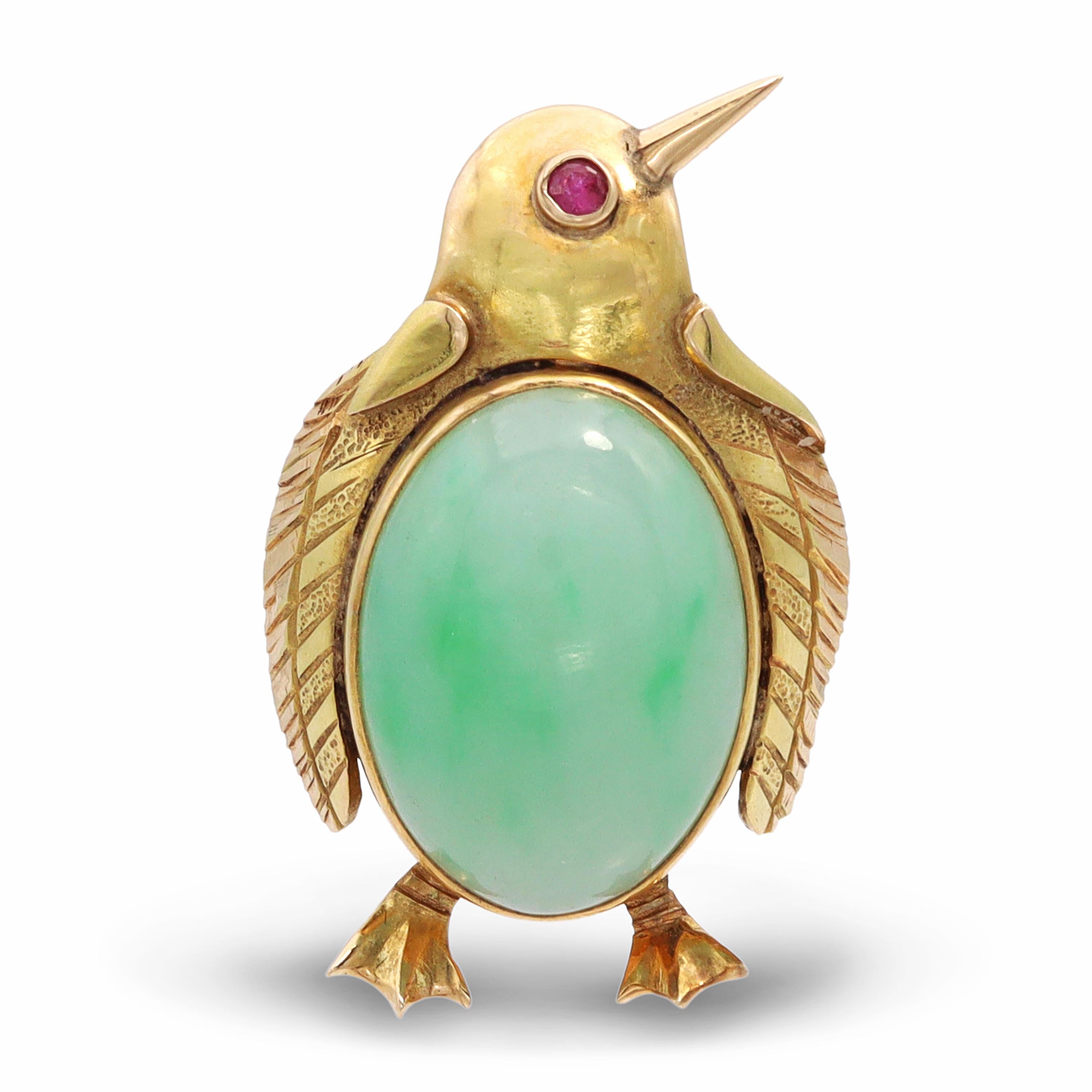 14k Yellow Gold Jade & Ruby Penguin Brooch Pin