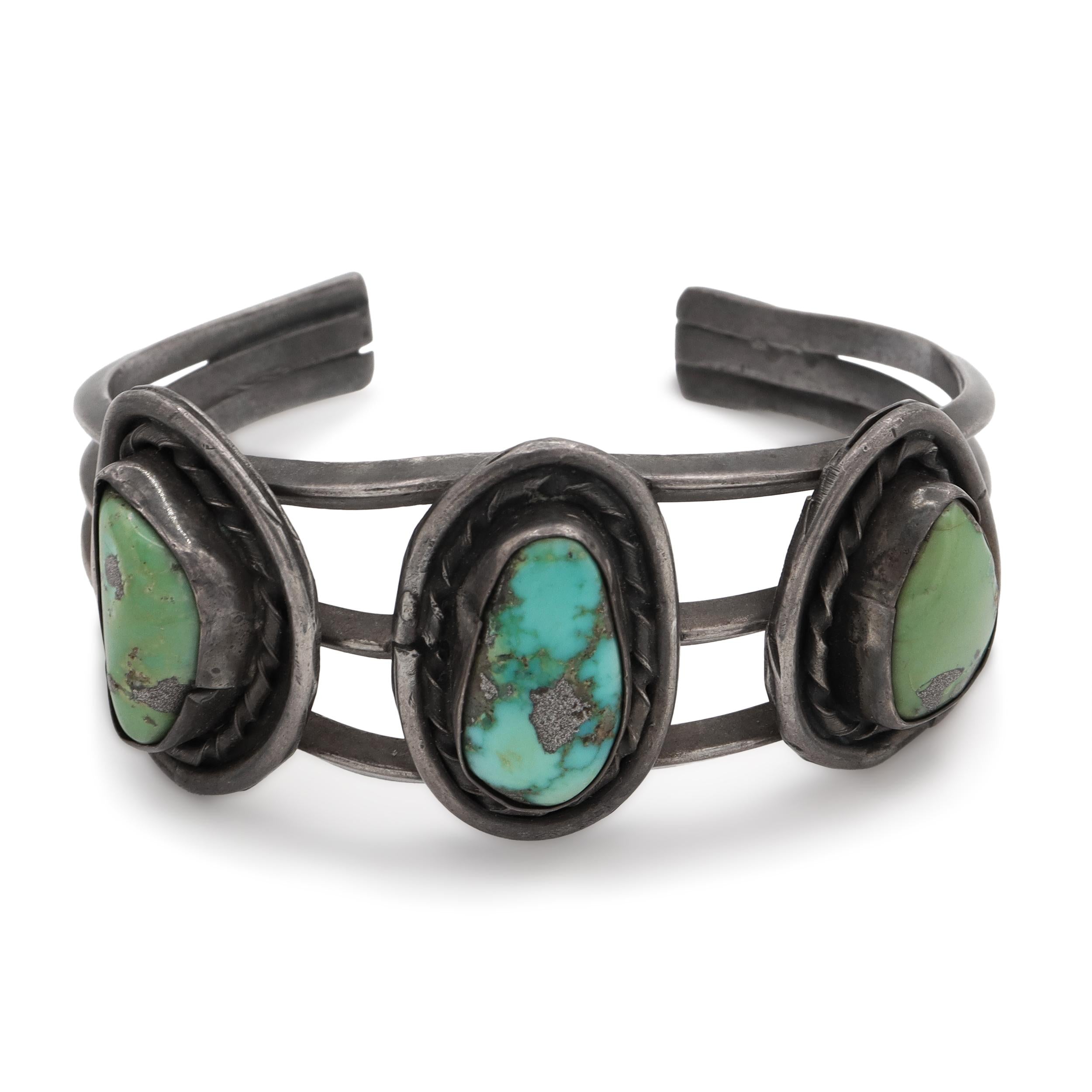 Southwestern Sterling Silver Turquoise Three-Stone Cuff Bracelet