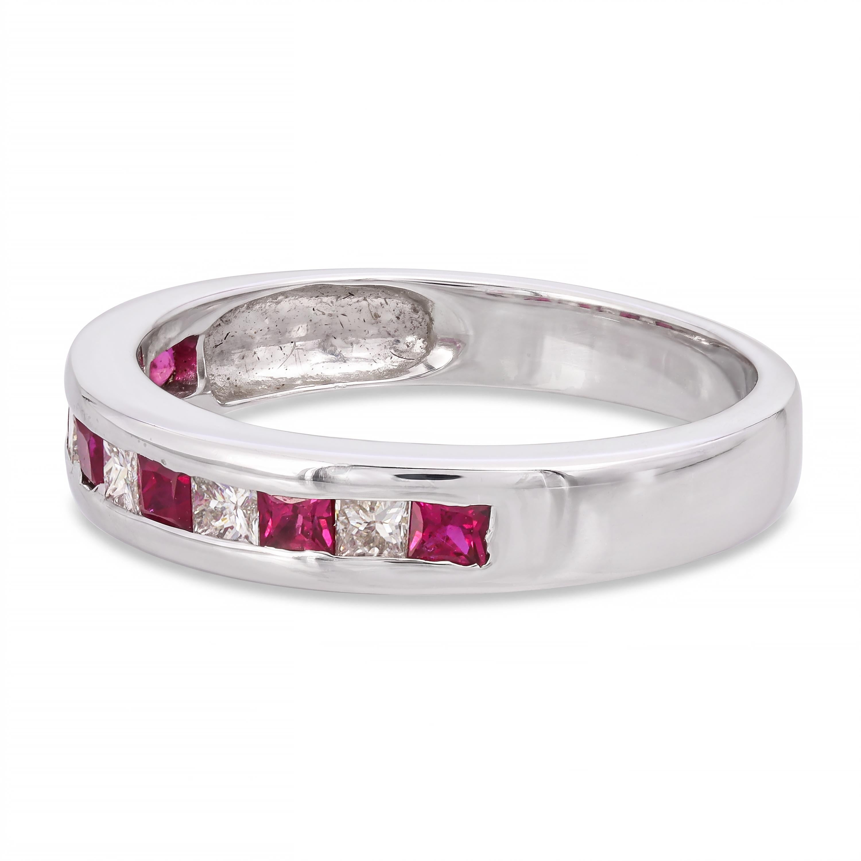 Vintage 14k White Gold Ruby and Diamond Alternating Half-Eternity Band Ring