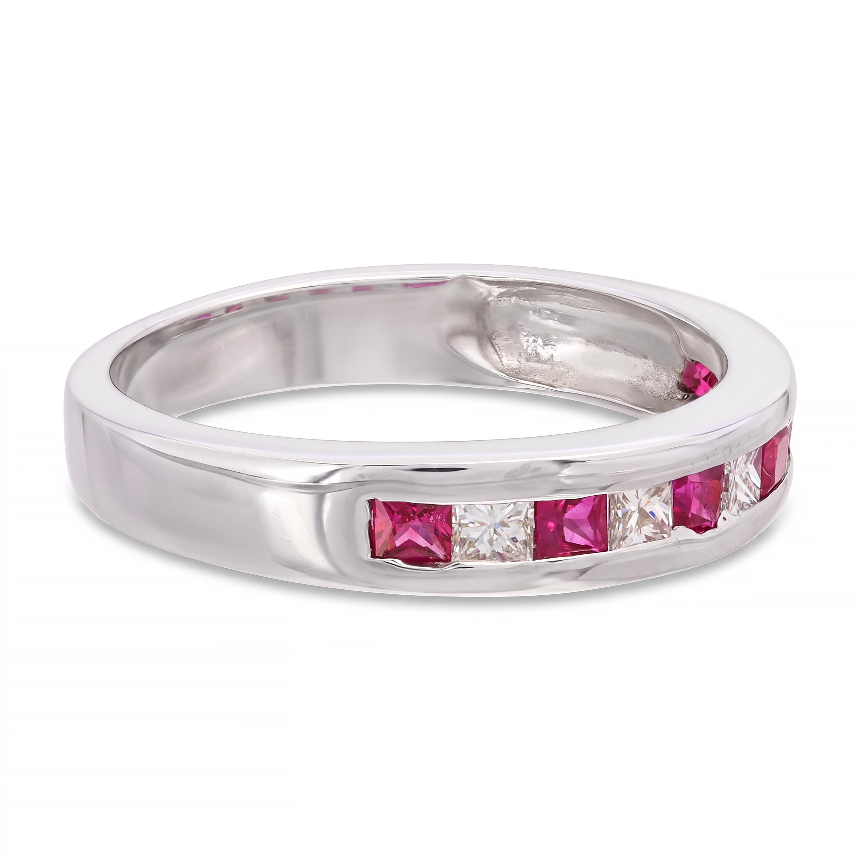 Vintage 14k White Gold Ruby and Diamond Alternating Half-Eternity Band Ring