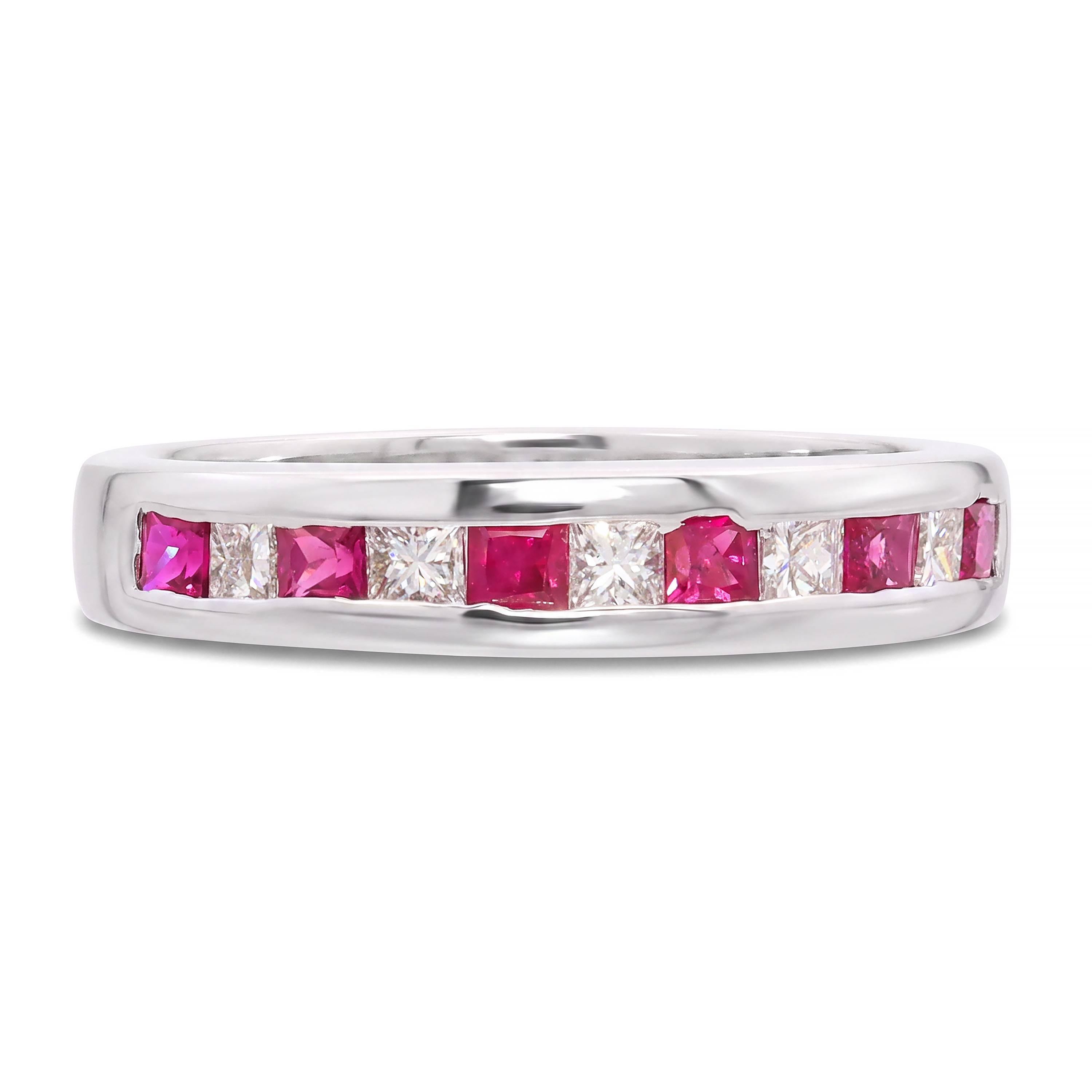 Vintage 14k White Gold Ruby and Diamond Alternating Half-Eternity Band Ring