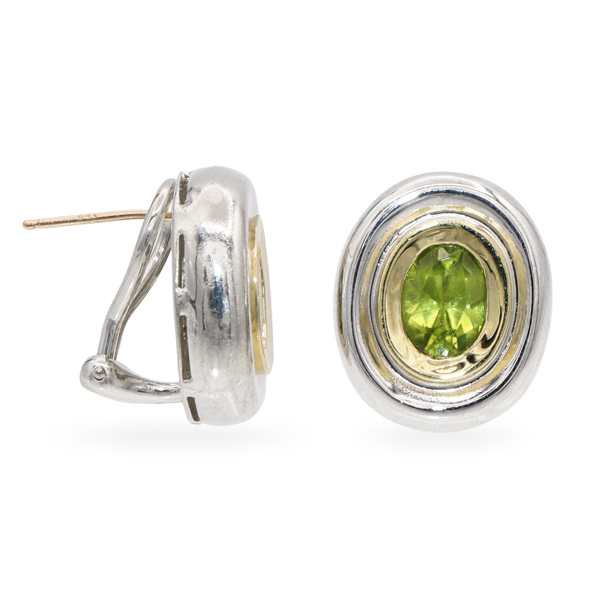 Sterling Silver and 18K Yellow Gold Peridot Oval Omega Back Earrings