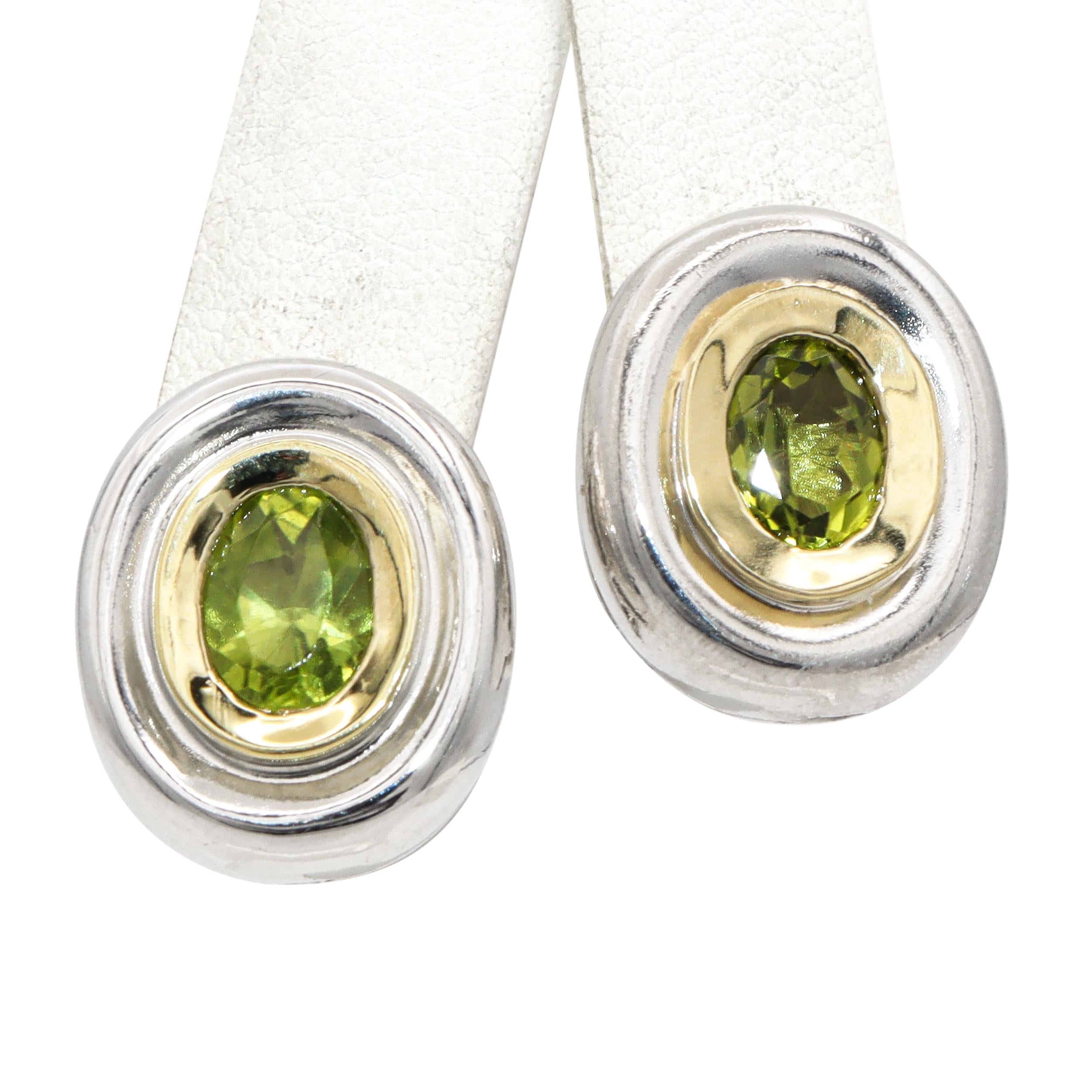 Sterling Silver and 18K Yellow Gold Peridot Oval Omega Back Earrings