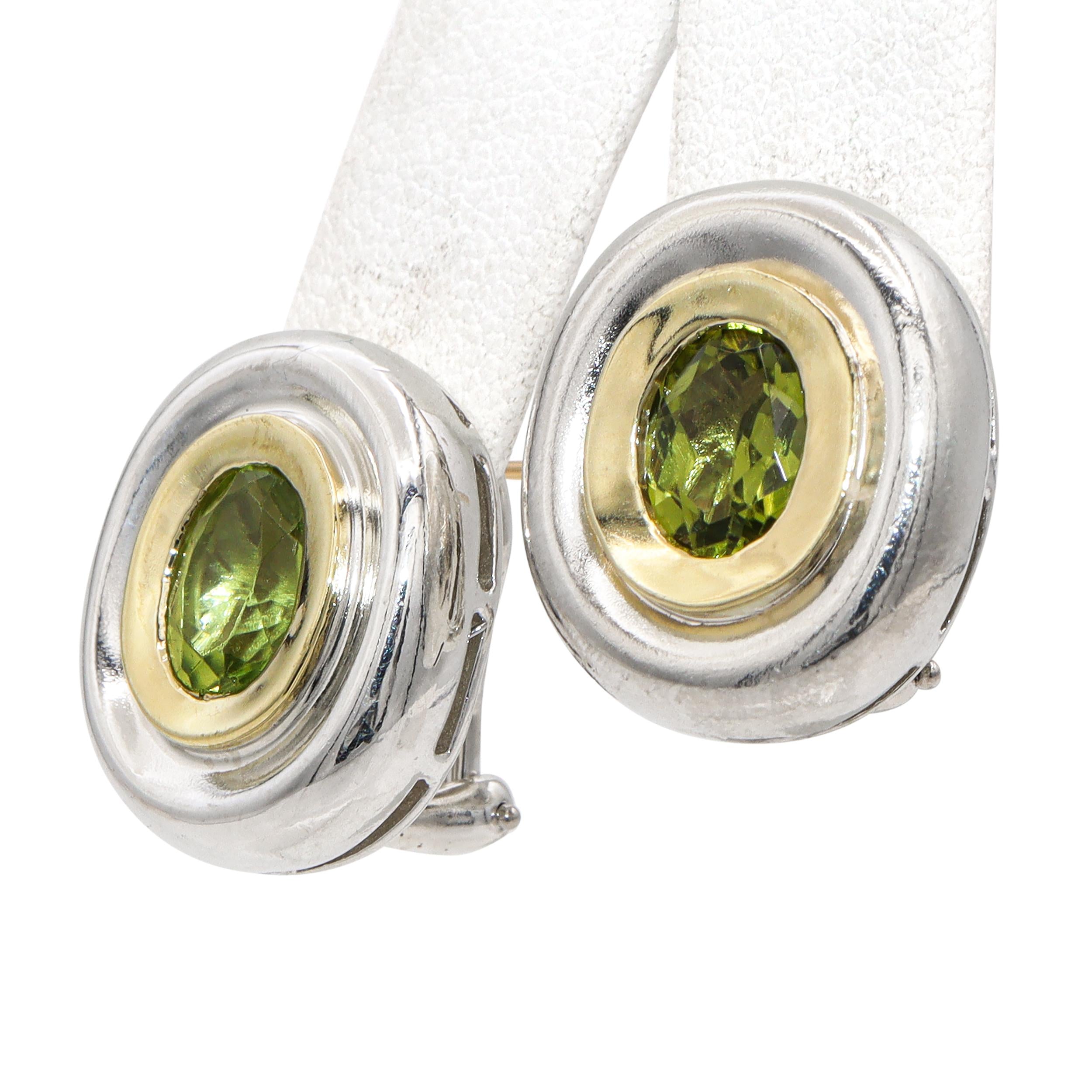 Sterling Silver and 18K Yellow Gold Peridot Oval Omega Back Earrings