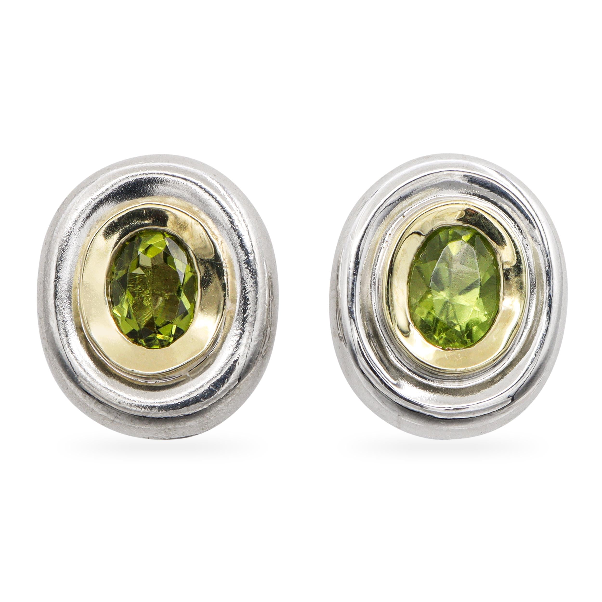Sterling Silver and 18K Yellow Gold Peridot Oval Omega Back Earrings