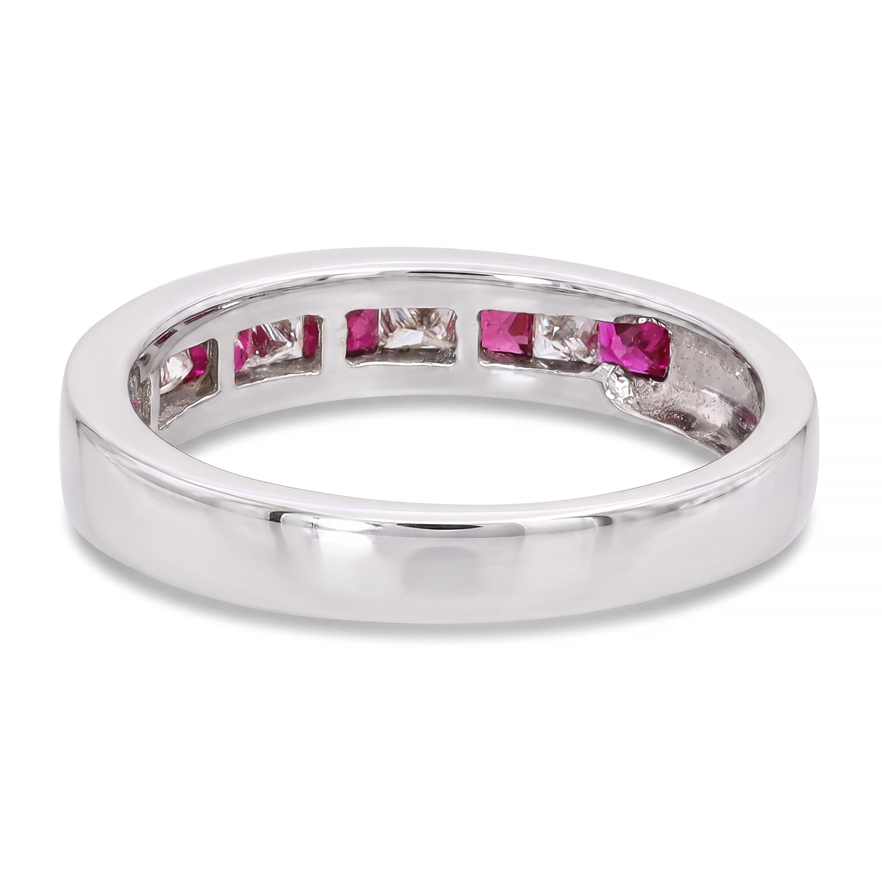 Vintage 14k White Gold Ruby and Diamond Alternating Half-Eternity Band Ring