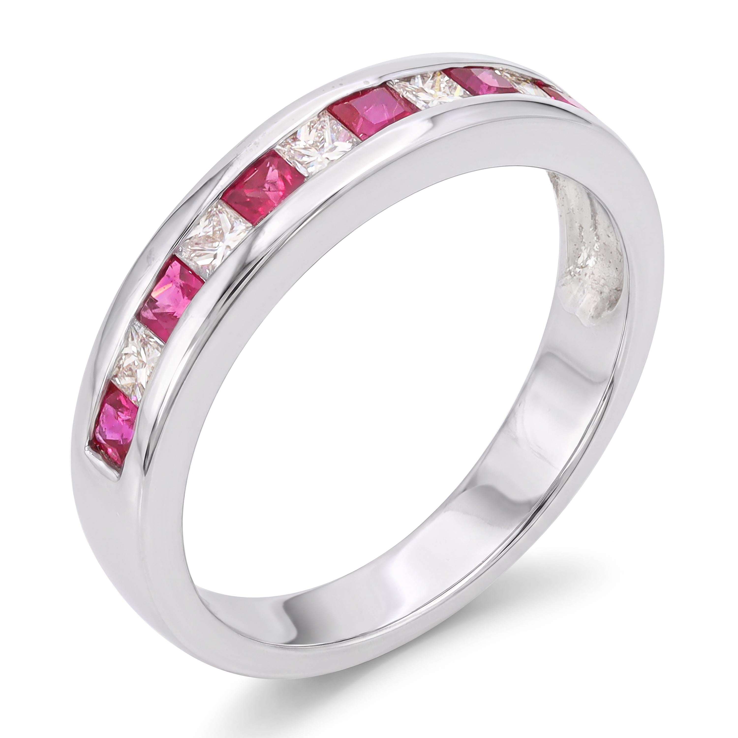 Vintage 14k White Gold Ruby and Diamond Alternating Half-Eternity Band Ring