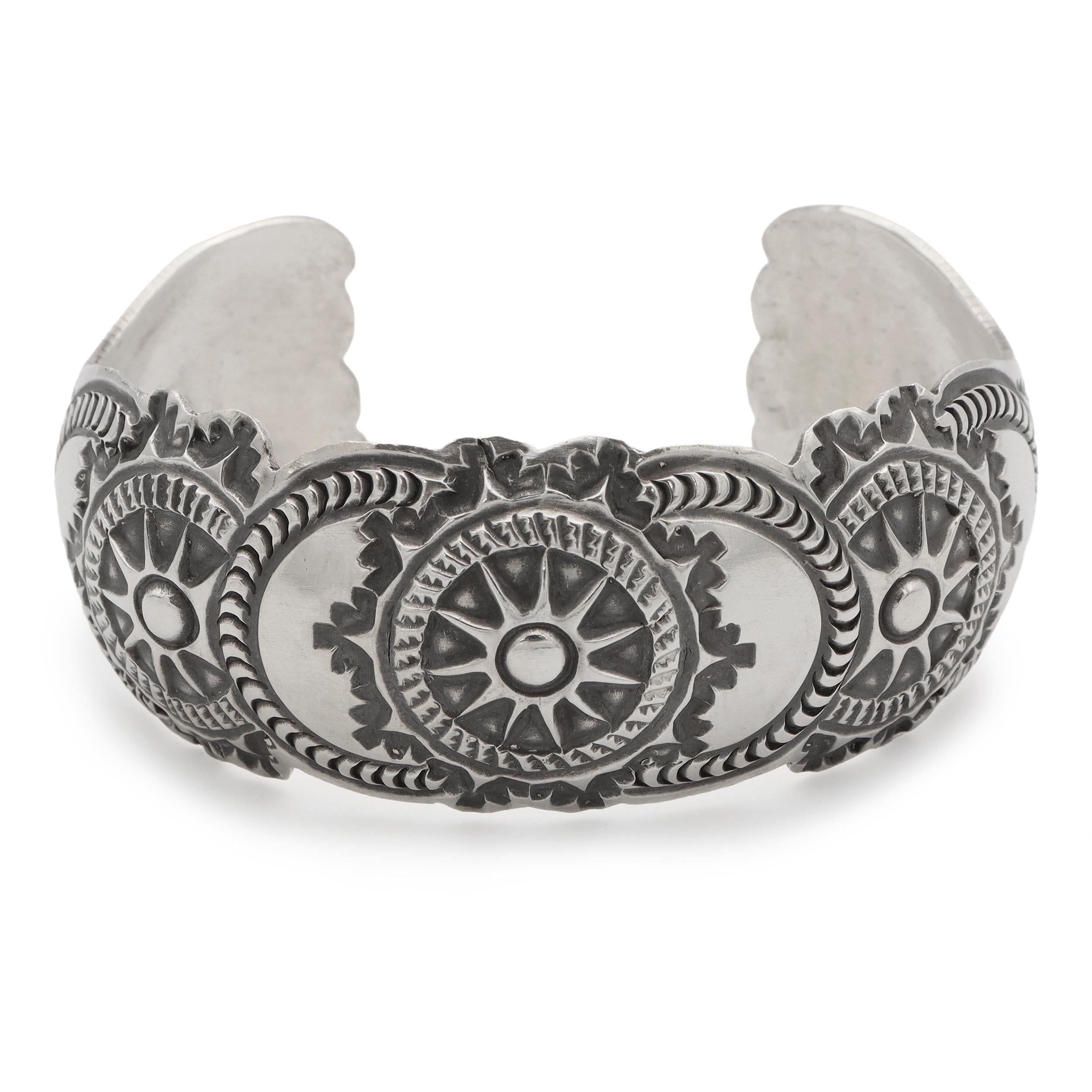 Vintage Native American Concho Sunburst Medallion Sterling Silver Cuff Bracelet