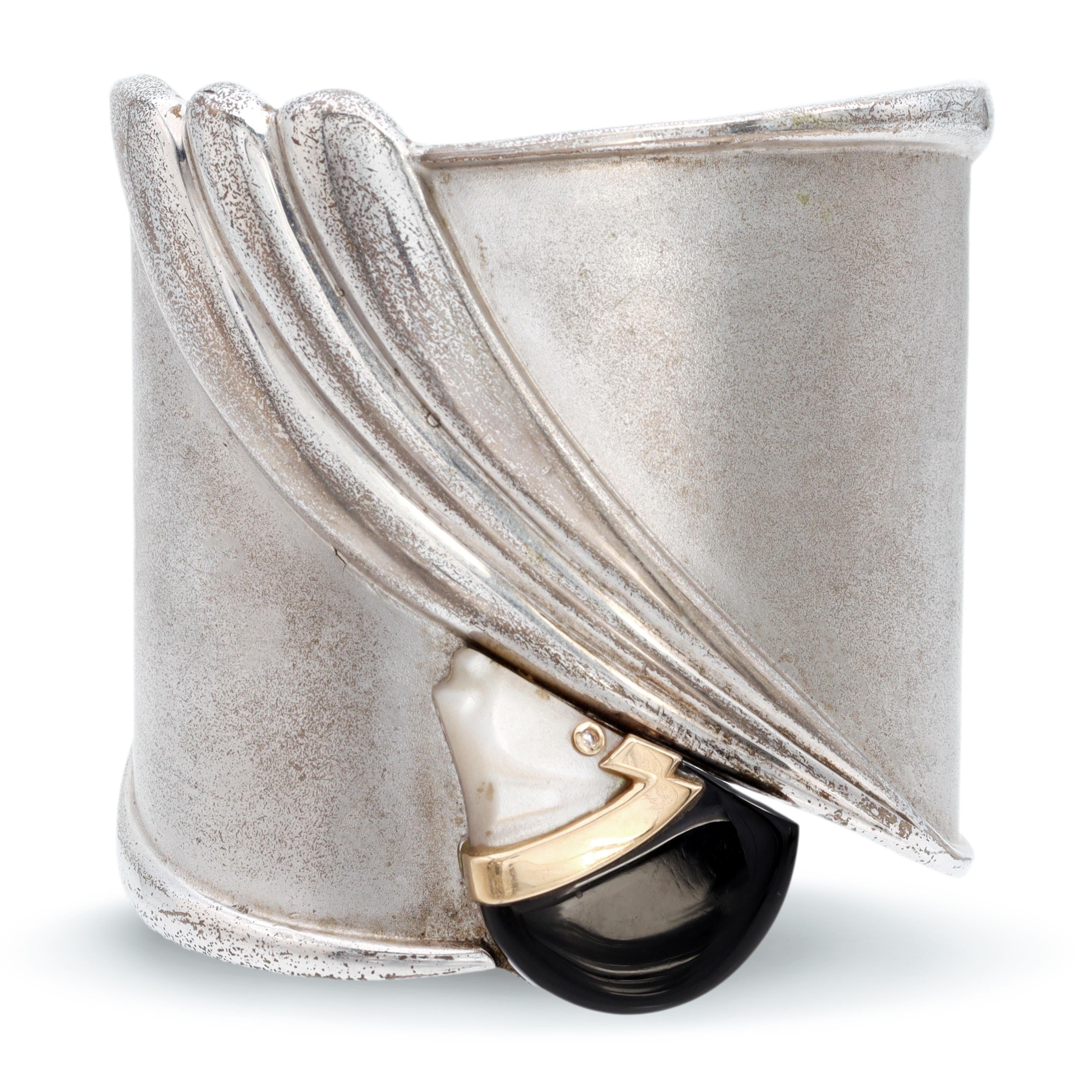 Erté “Tempest” Limited Ed. 14k Yellow Gold Sterling Silver Onyx MOP Wide Cuff