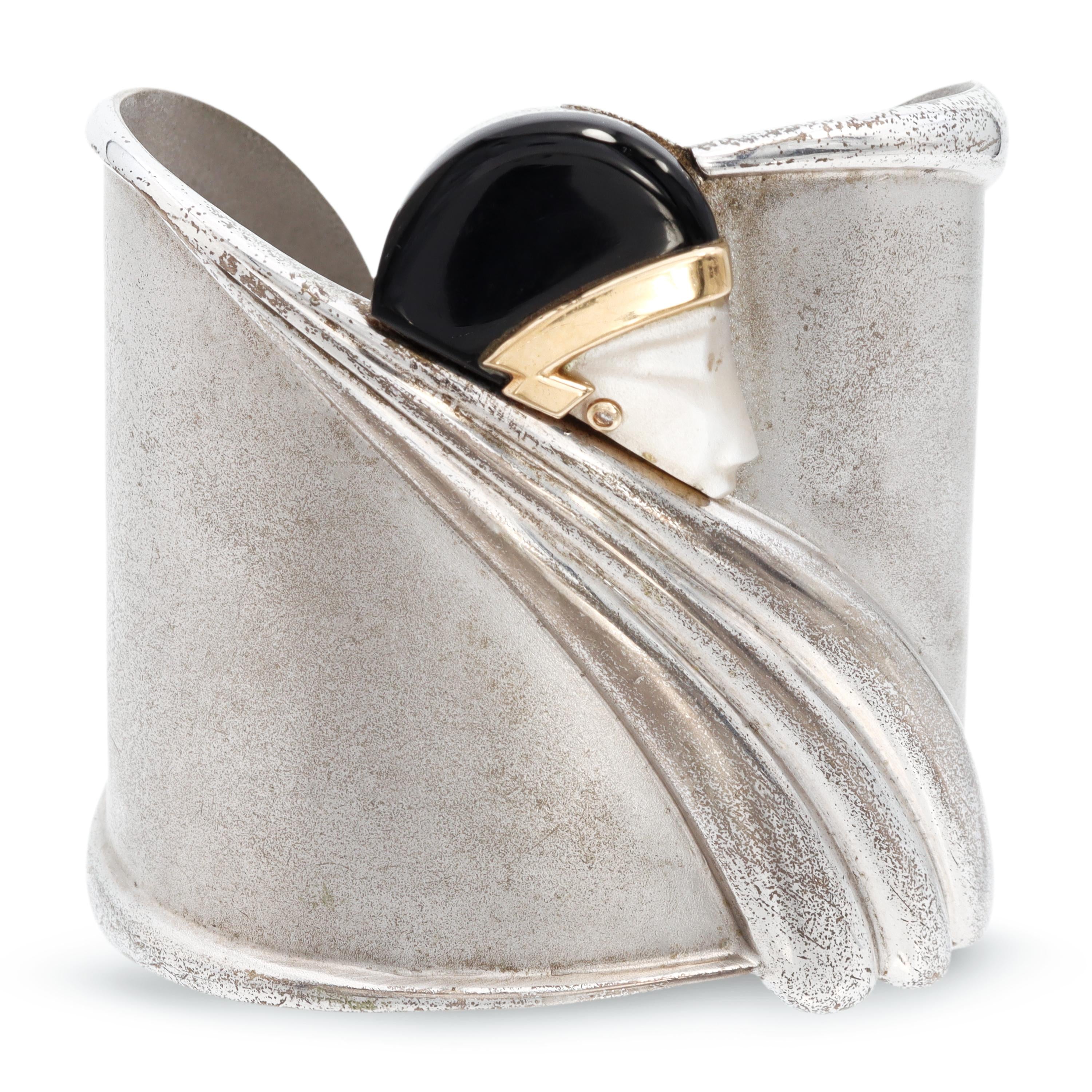 Erté “Tempest” Limited Ed. 14k Yellow Gold Sterling Silver Onyx MOP Wide Cuff