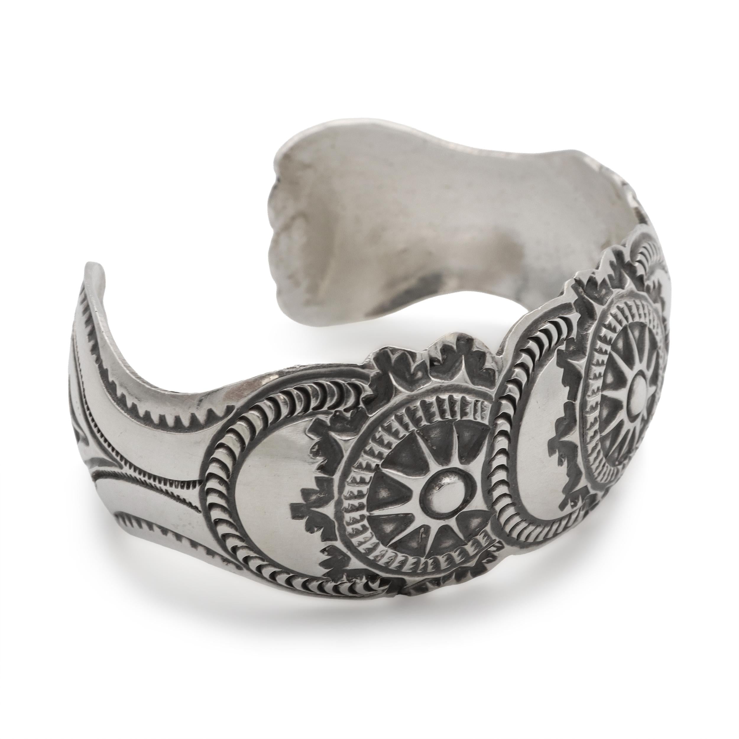 Vintage Native American Concho Sunburst Medallion Sterling Silver Cuff Bracelet