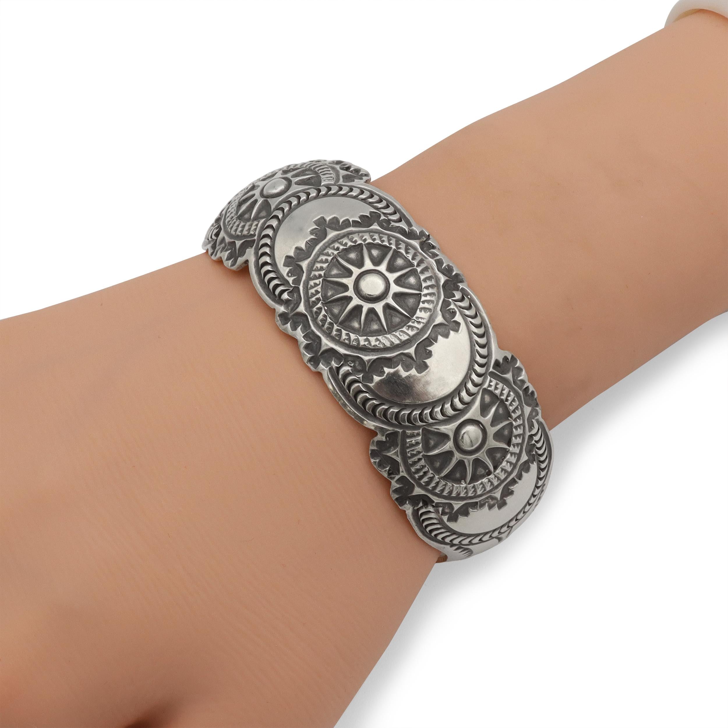 Vintage Native American Concho Sunburst Medallion Sterling Silver Cuff Bracelet