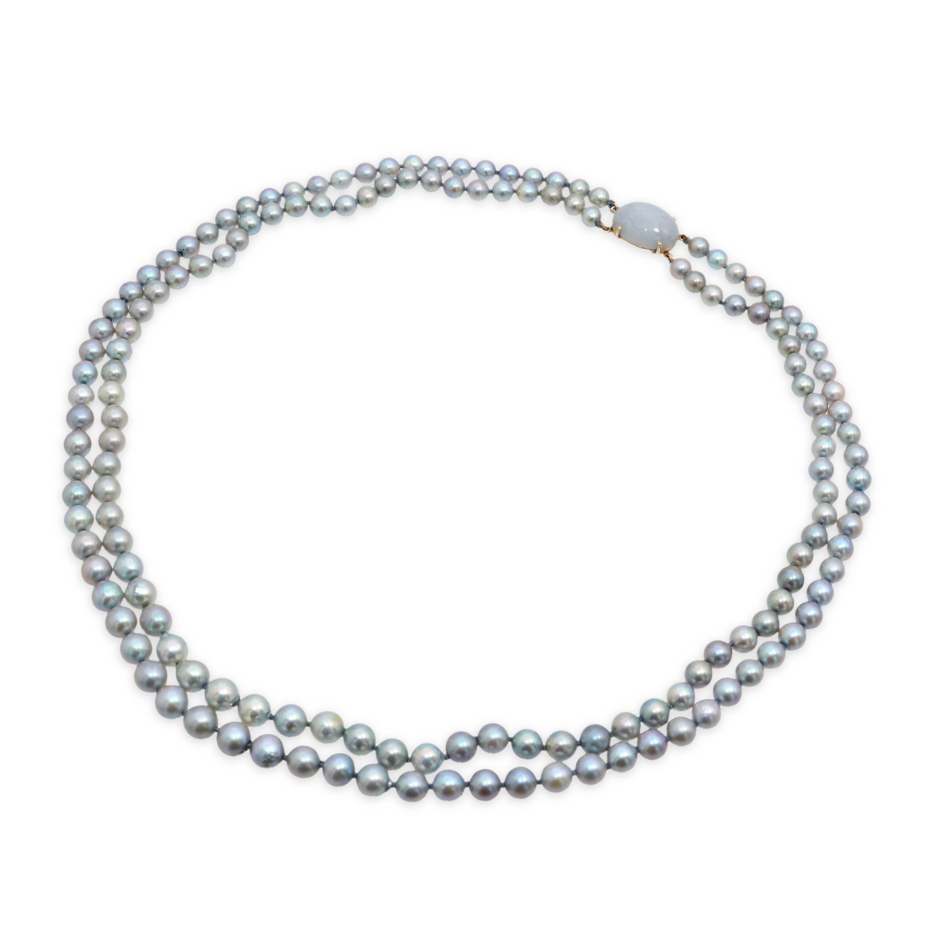 Vintage Ming’s 14k Yellow Gold Jade & Gray Pearl Double-Strand Necklace