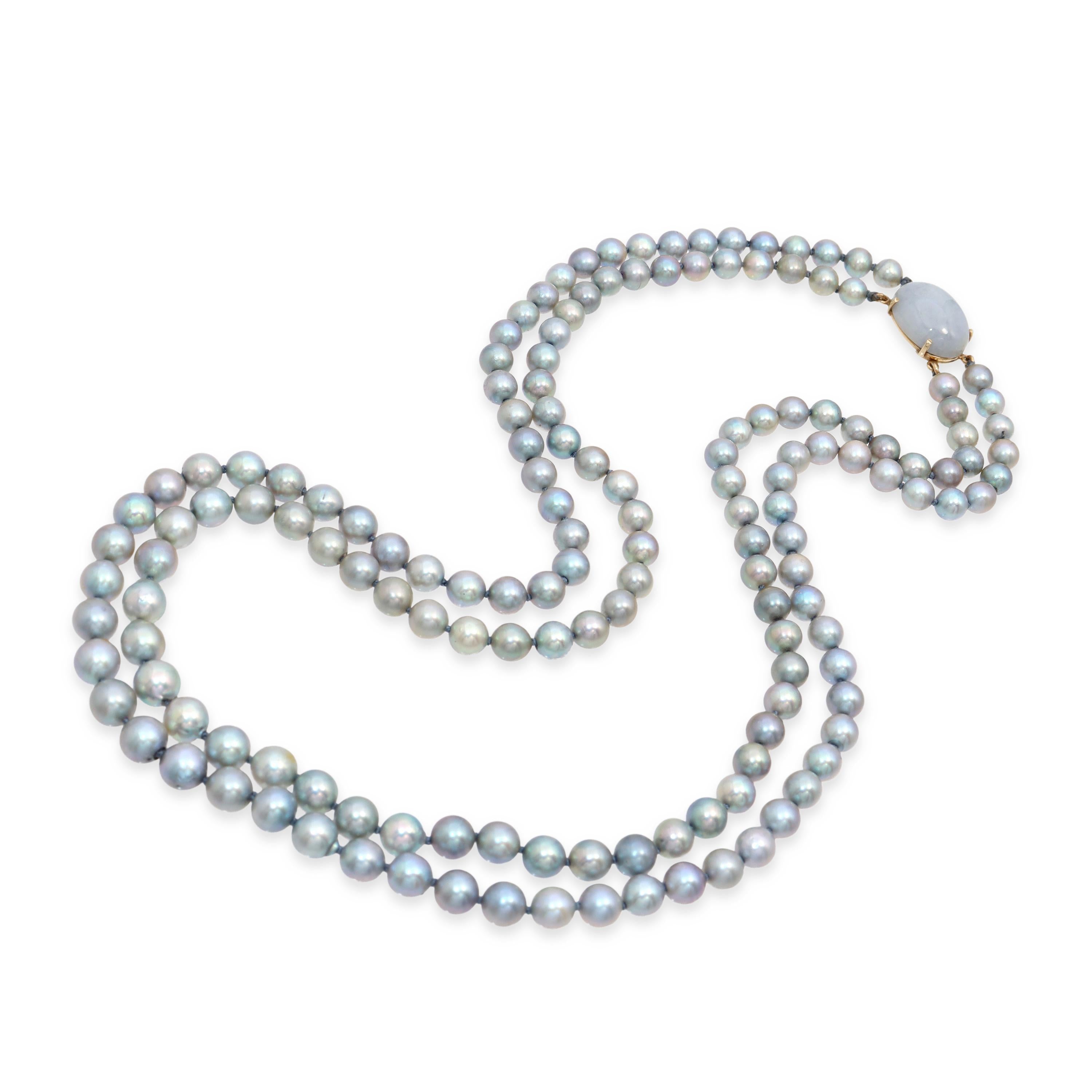 Vintage Ming’s 14k Yellow Gold Jade & Gray Pearl Double-Strand Necklace