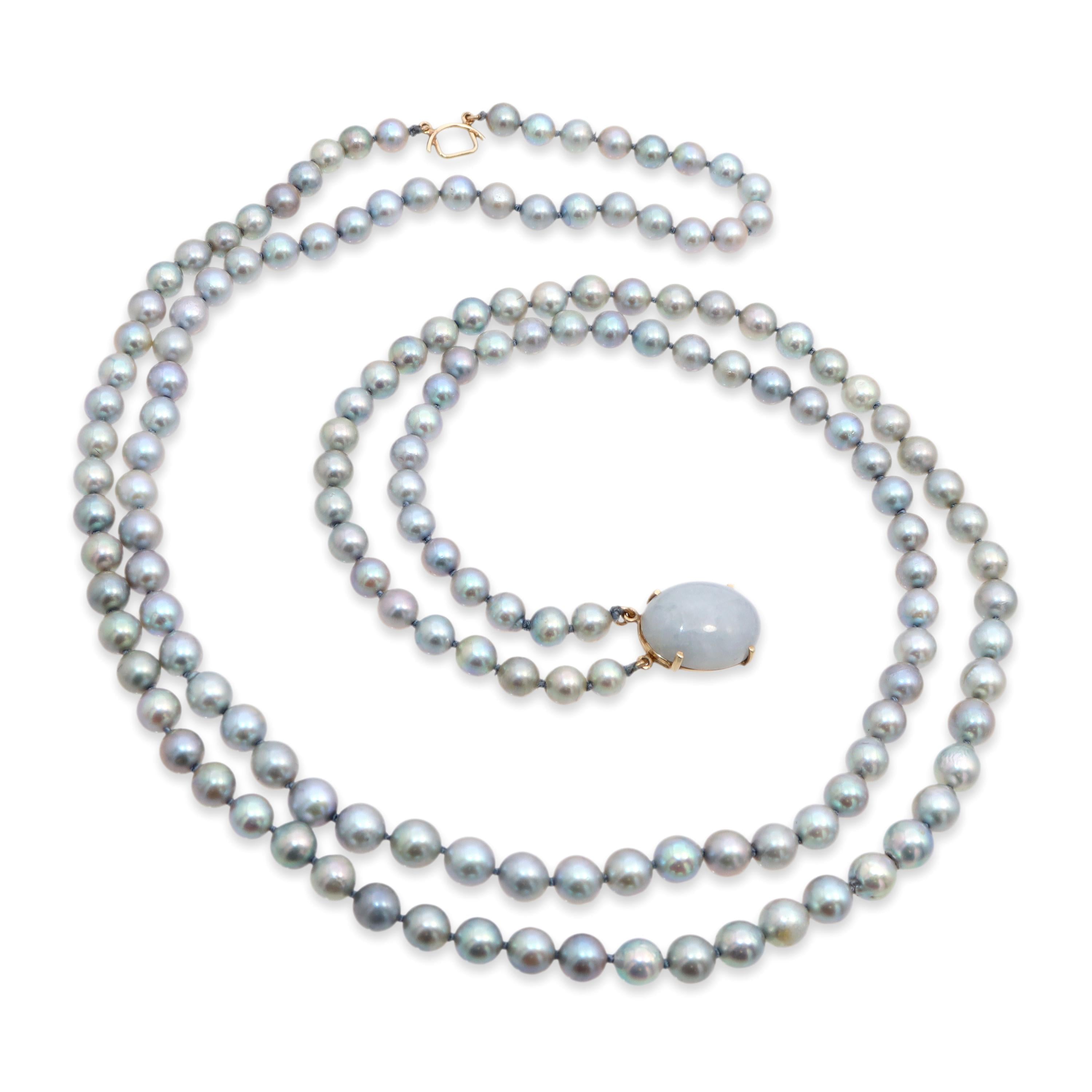 Vintage Ming’s 14k Yellow Gold Jade & Gray Pearl Double-Strand Necklace