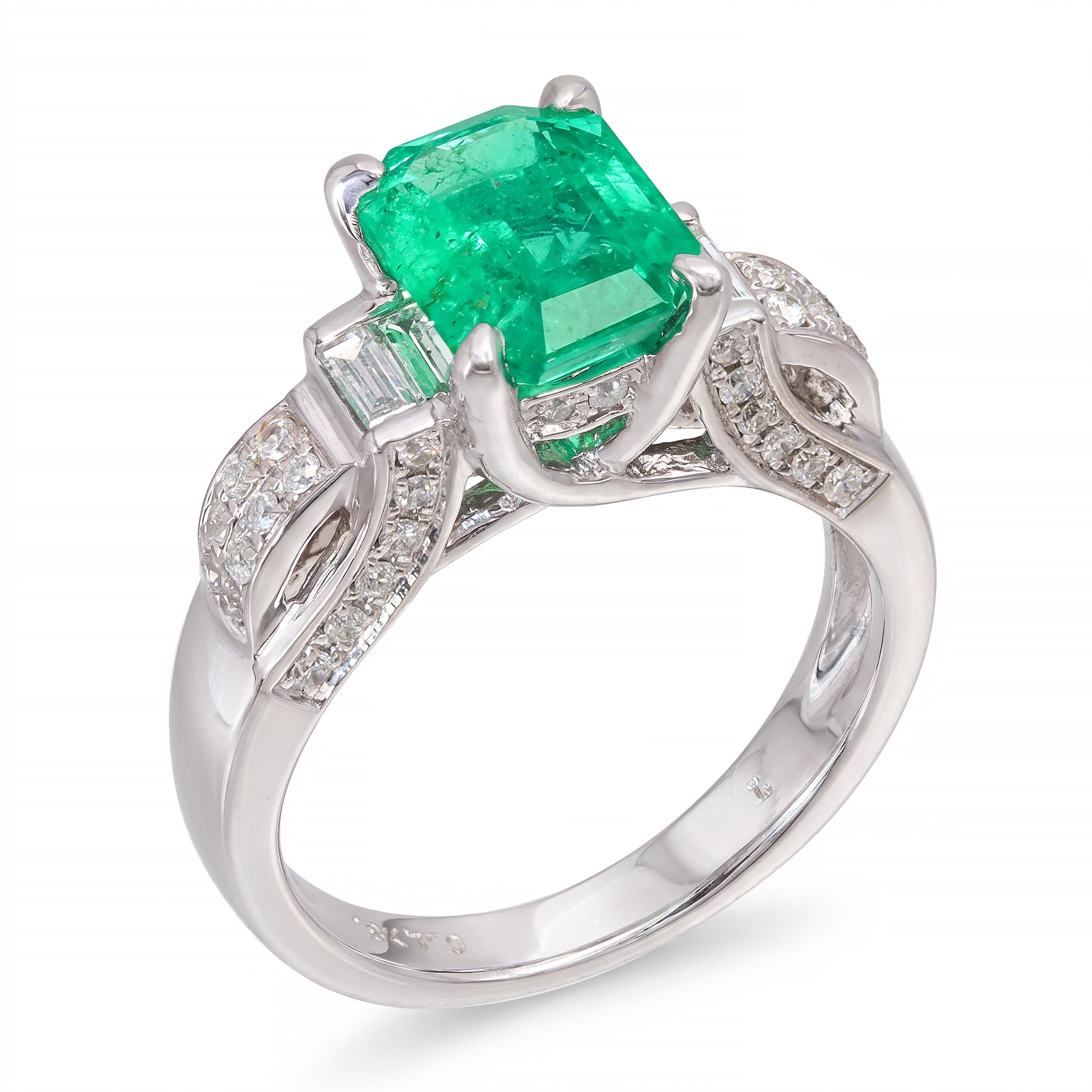 Vintage 18k White Gold 1.65ct Emerald and Diamond Ring