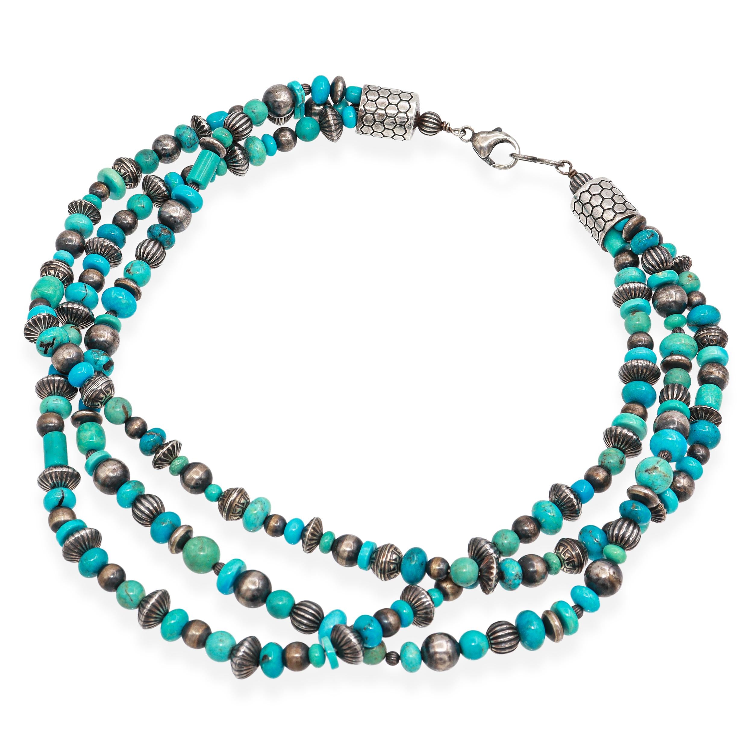 Vintage Southwest Sterling Silver Turquoise Multi-Strand Beaded Necklace