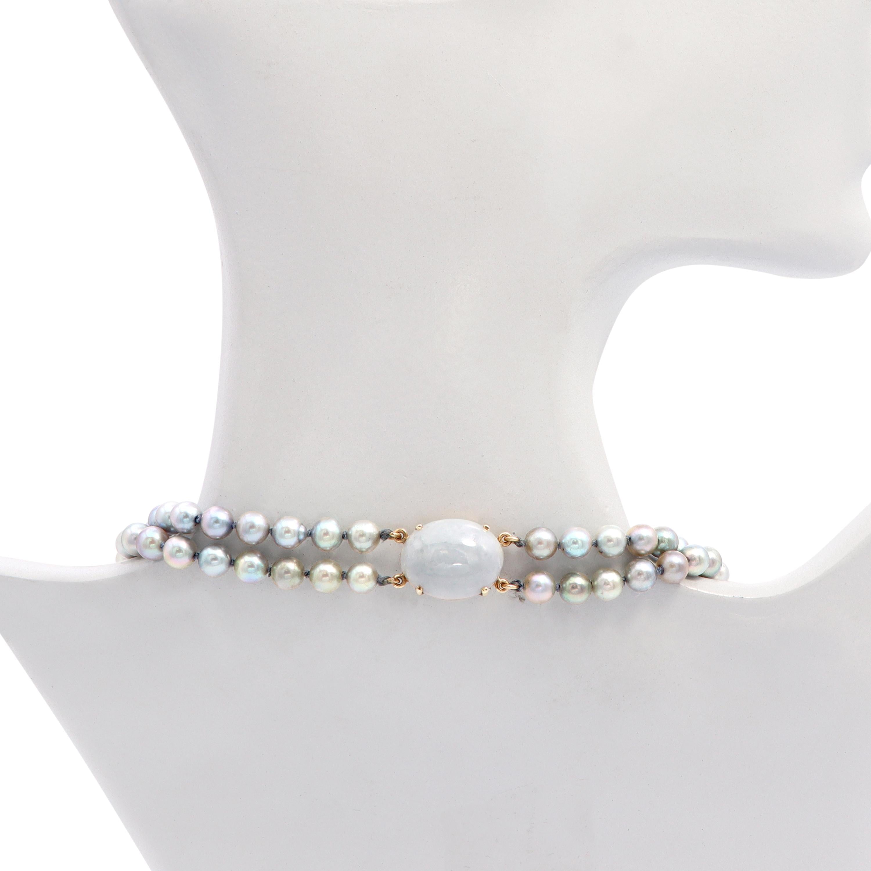 Vintage Ming’s 14k Yellow Gold Jade & Gray Pearl Double-Strand Necklace