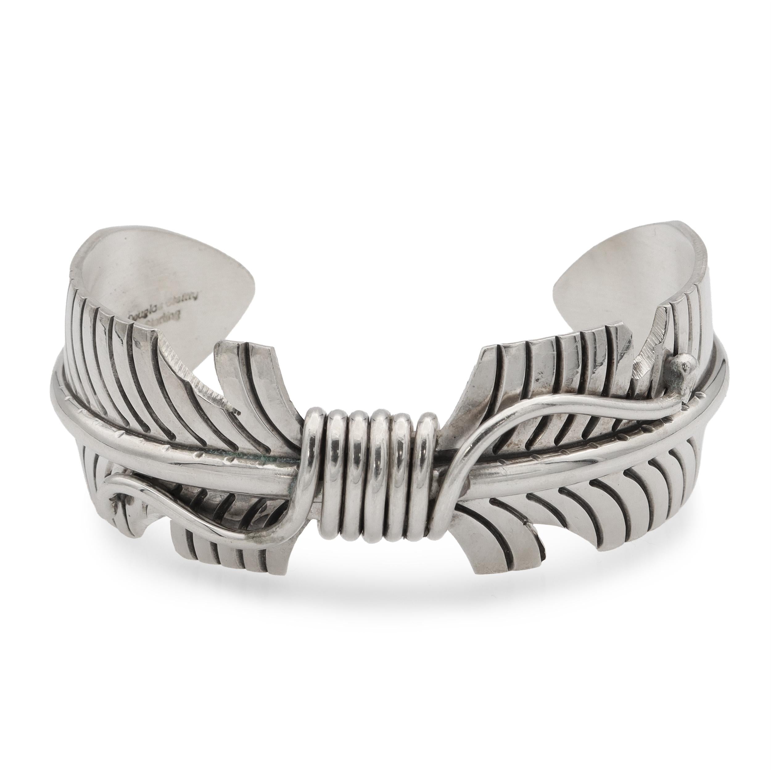 Vintage Navajo Douglas Etsitty Sterling Silver Feather Cuff Bracelet