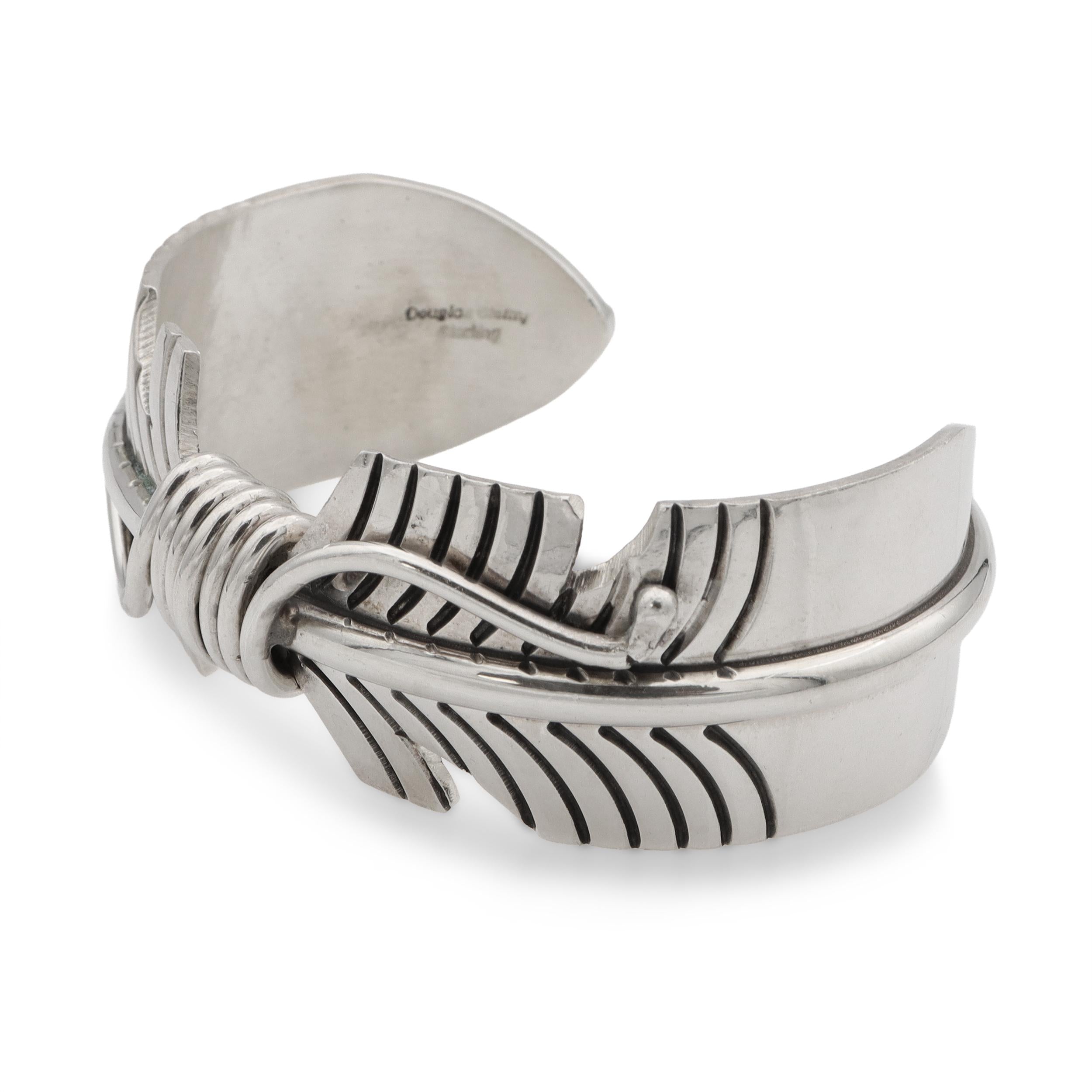Vintage Navajo Douglas Etsitty Sterling Silver Feather Cuff Bracelet
