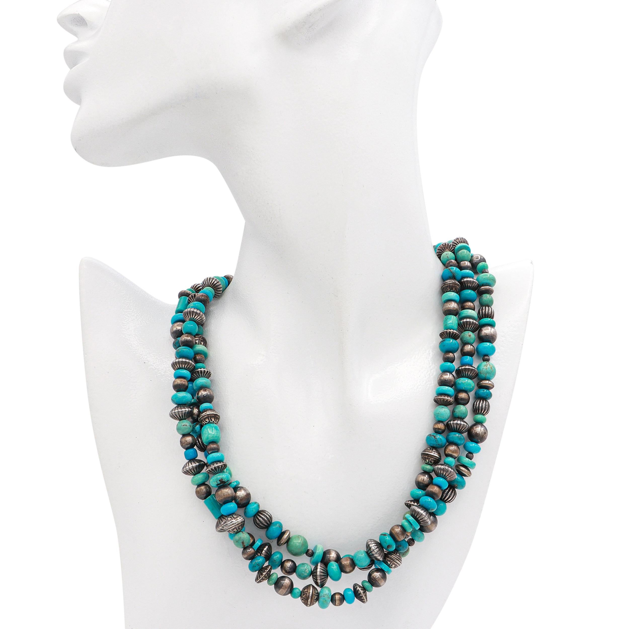 Vintage Southwest Sterling Silver Turquoise Multi-Strand Beaded Necklace