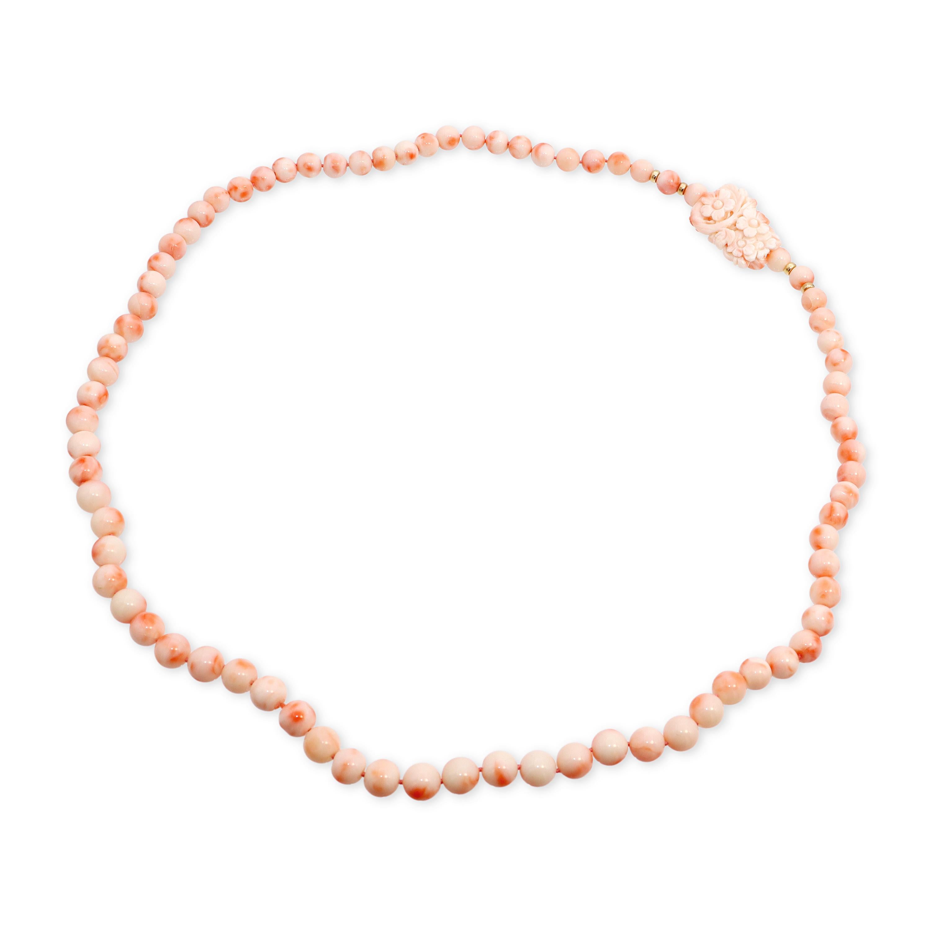 14k Yellow Gold Angel Skin Coral Beaded Necklace w/ Double-Sided Carved Pendant
