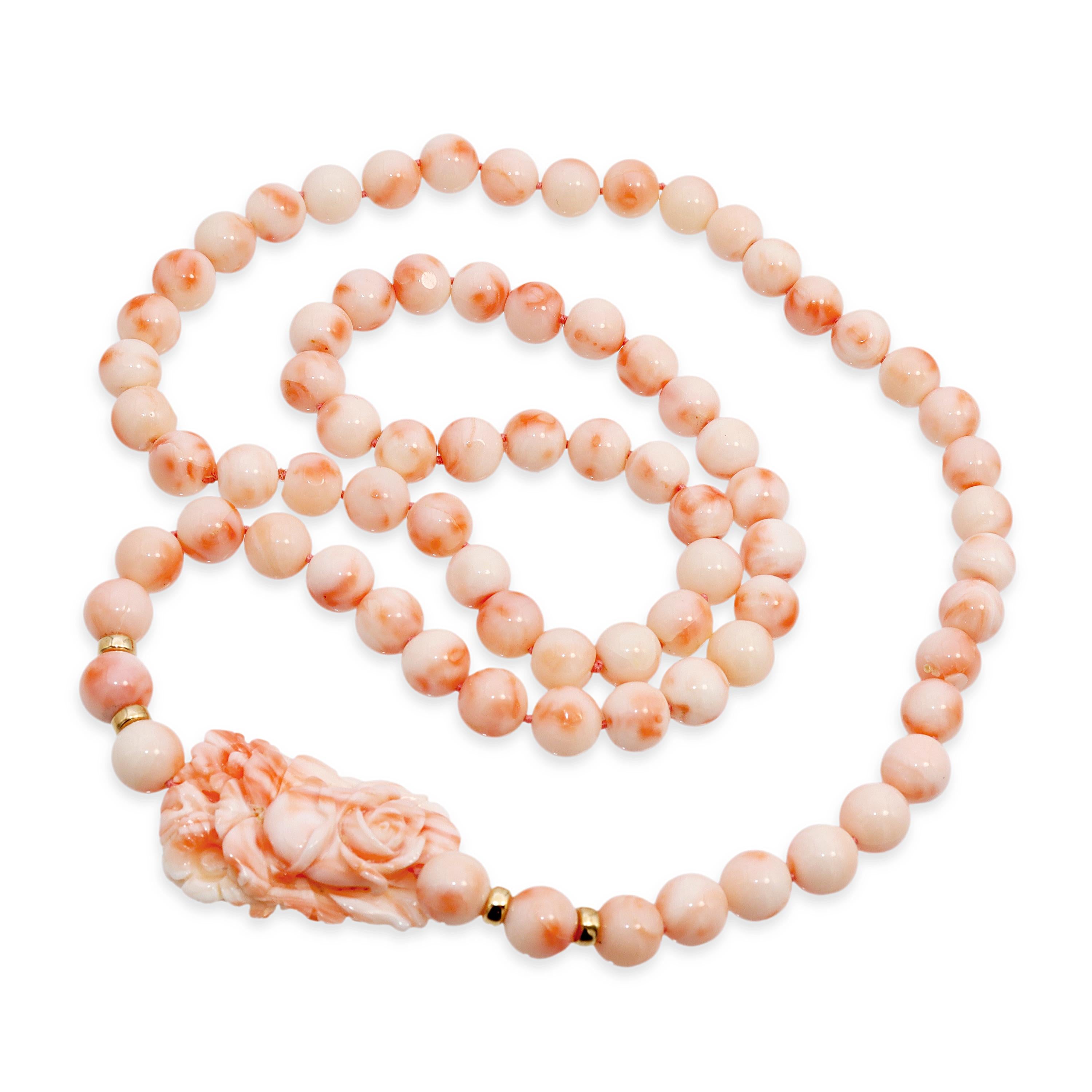 14k Yellow Gold Angel Skin Coral Beaded Necklace w/ Double-Sided Carved Pendant