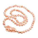 14k Yellow Gold Angel Skin Coral Beaded Necklace w/ Double-Sided Carved Pendant