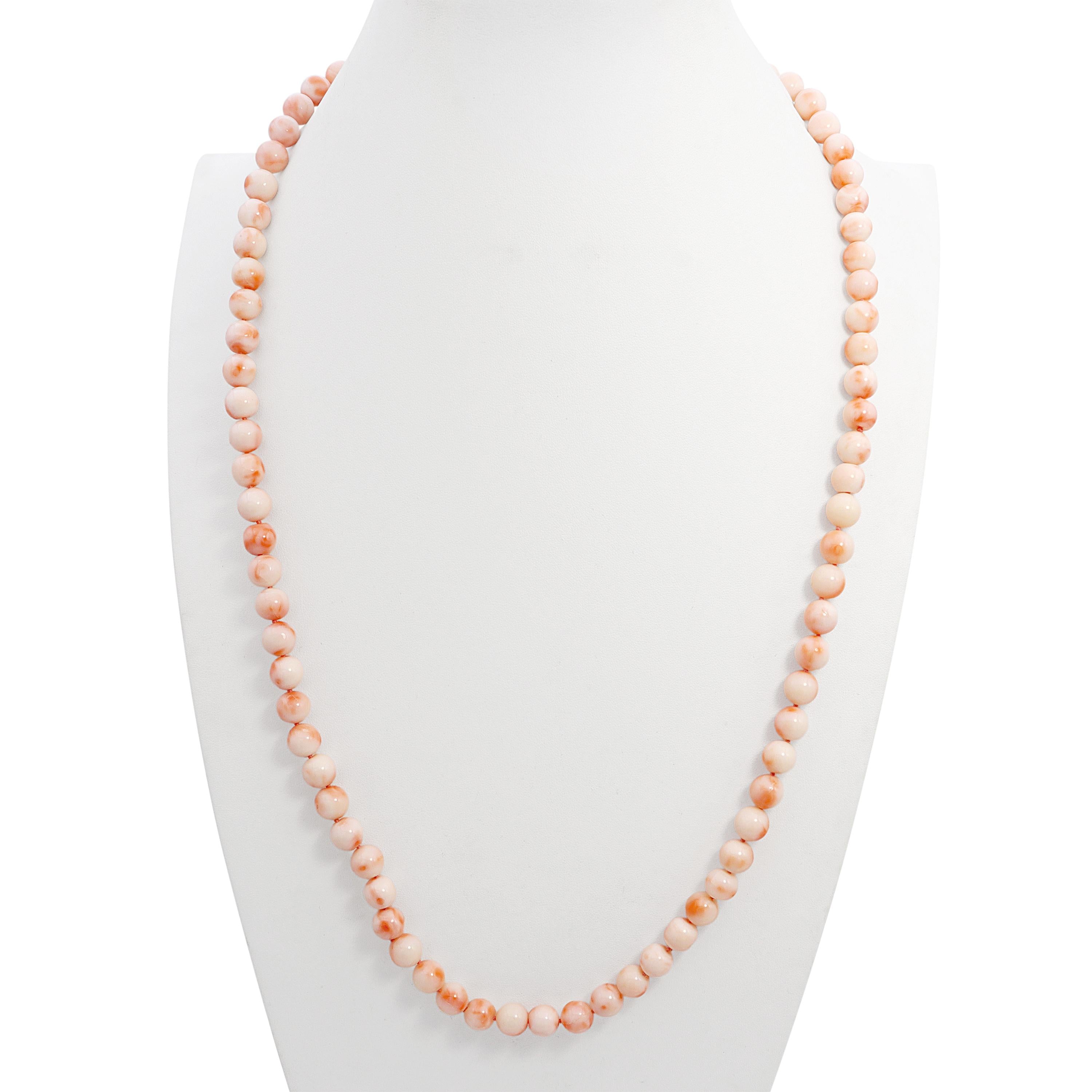14k Yellow Gold Angel Skin Coral Beaded Necklace w/ Double-Sided Carved Pendant
