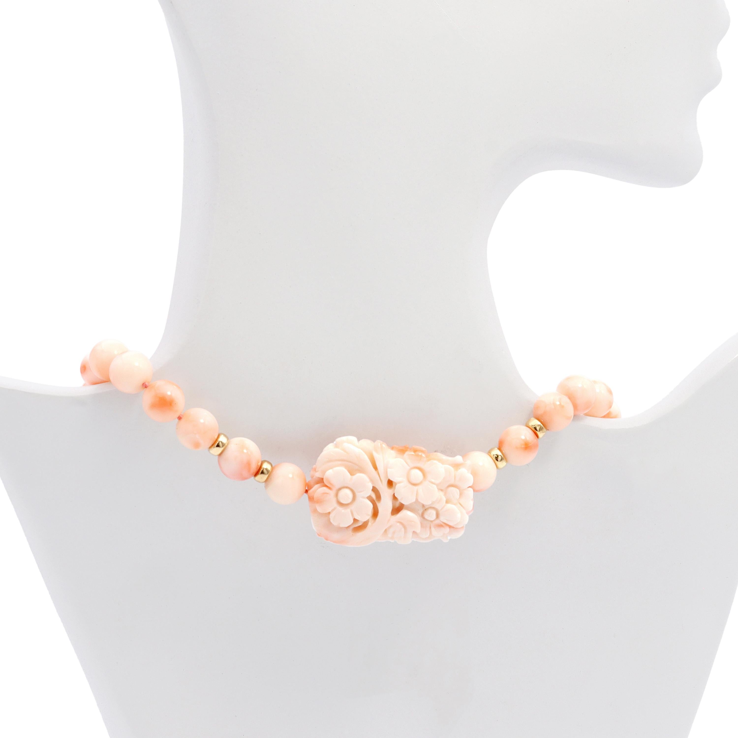14k Yellow Gold Angel Skin Coral Beaded Necklace w/ Double-Sided Carved Pendant