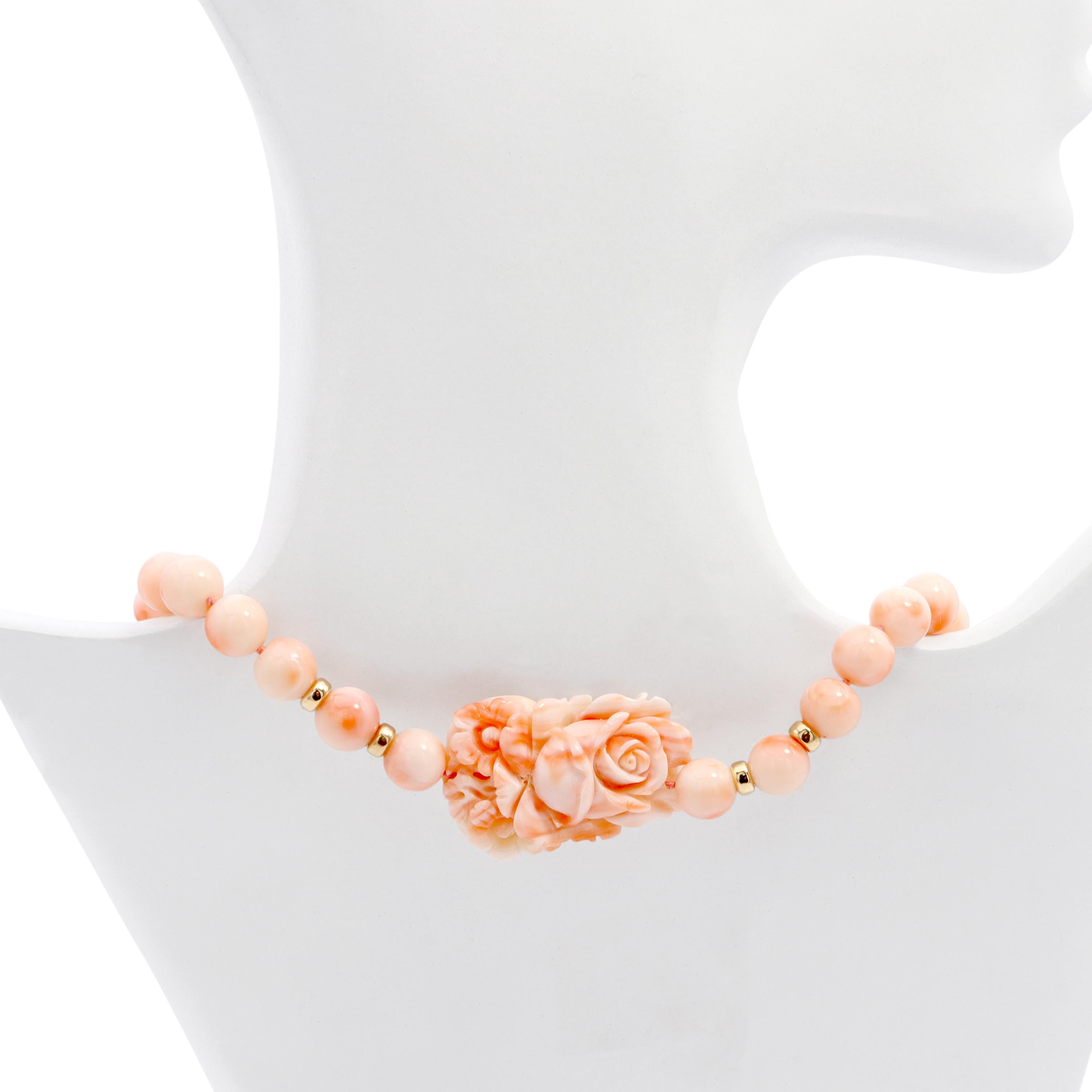 14k Yellow Gold Angel Skin Coral Beaded Necklace w/ Double-Sided Carved Pendant